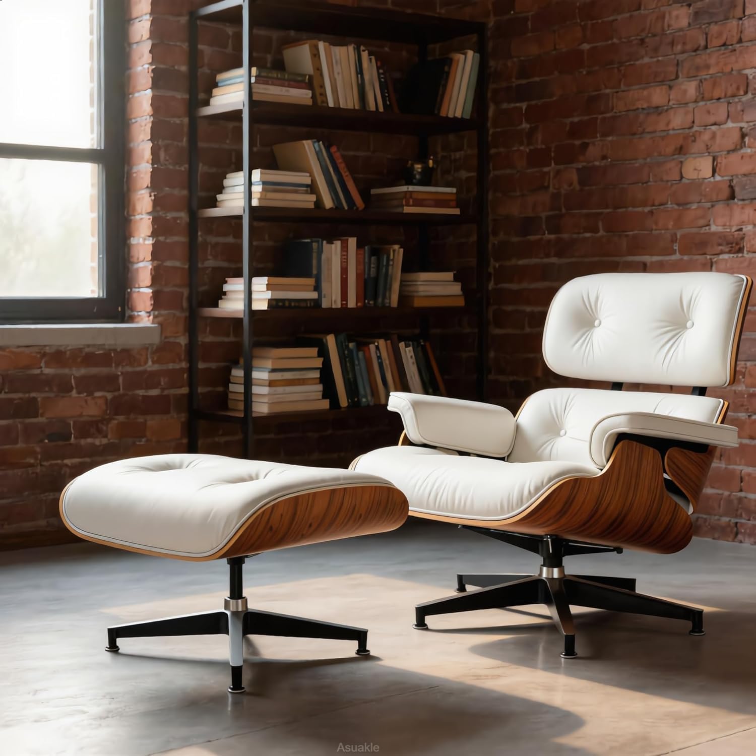 Asukale Top Grain Leather, Mid Century Chaise Lounge Chair and Ottoman, Modern Chair Classic Design, Heavy Duty Base Support for Living Room Study Lounge Office, Palisander-White Gronata