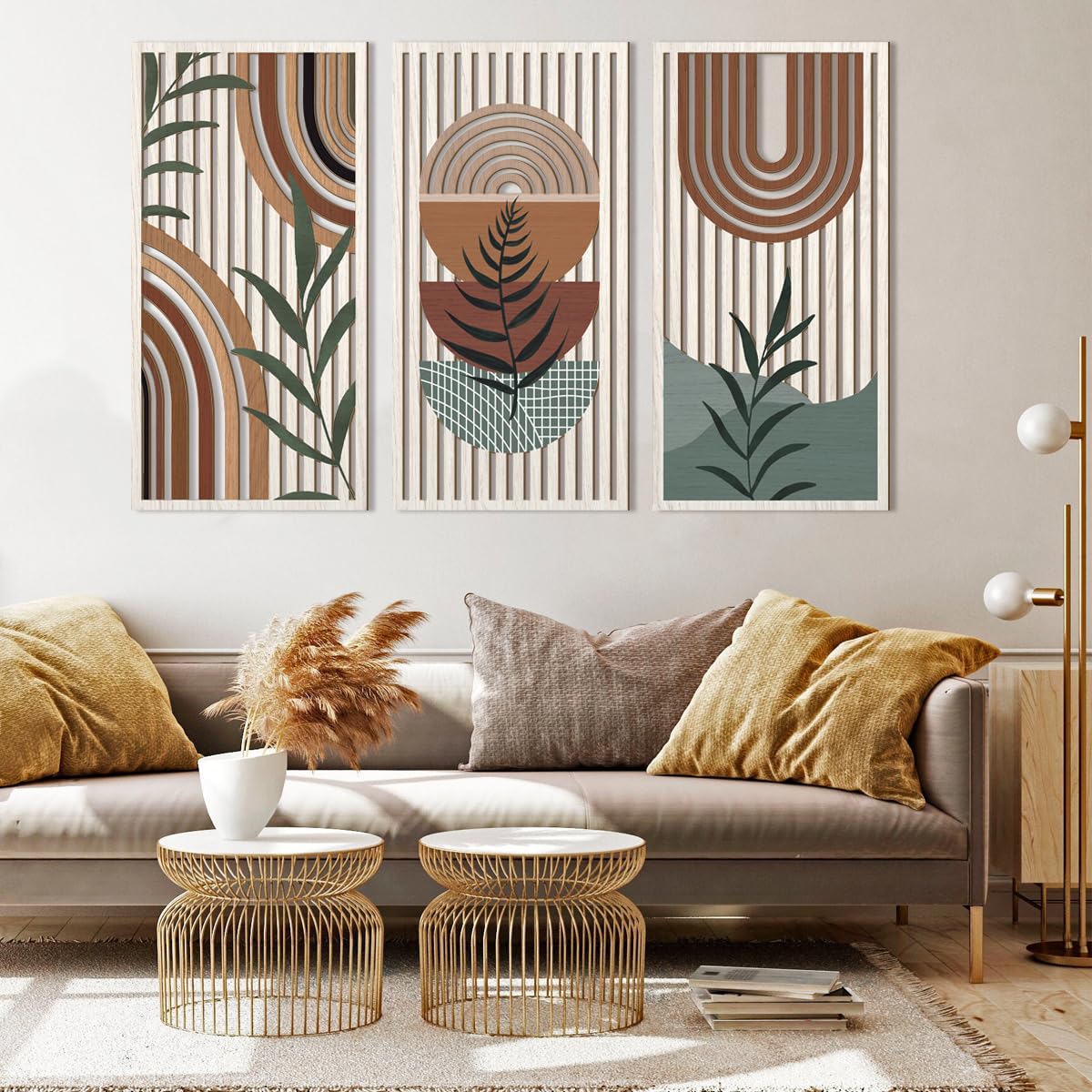 IARTTOP Large Boho Mid-century Modern Wood Wall Art 16x32 Inch Framed Green Abstract Leaf Wooden Wall Decor Bohemian Minimalist Geometric Wall Art Decor for Bedroom Living Room Office Set of 3 Gronata