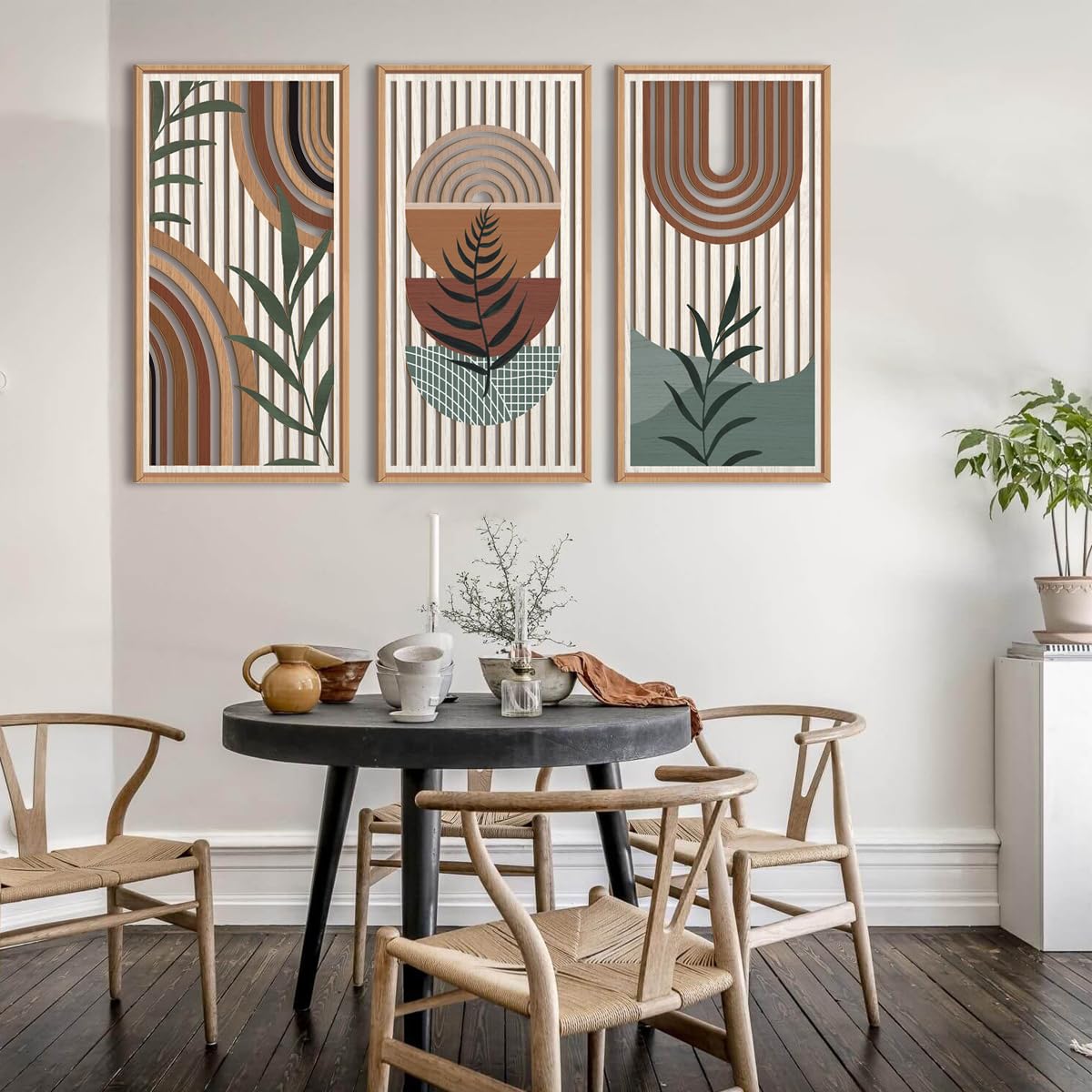 IARTTOP Large Boho Mid-century Modern Wood Wall Art 16x32 Inch Framed Green Abstract Leaf Wooden Wall Decor Bohemian Minimalist Geometric Wall Art Decor for Bedroom Living Room Office Set of 3 Gronata