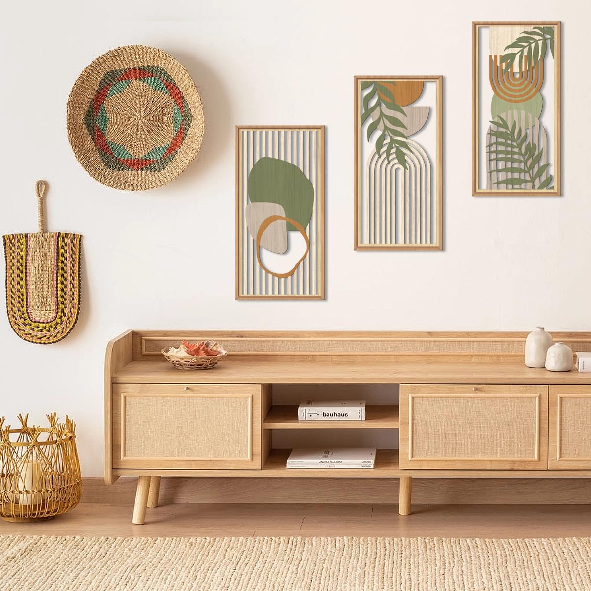 IARTTOP Large Boho Mid-century Modern Wood Wall Art 16x32 Inch Framed Green Abstract Leaf Wooden Wall Decor Bohemian Minimalist Geometric Wall Art Decor for Bedroom Living Room Office Set of 3 Gronata