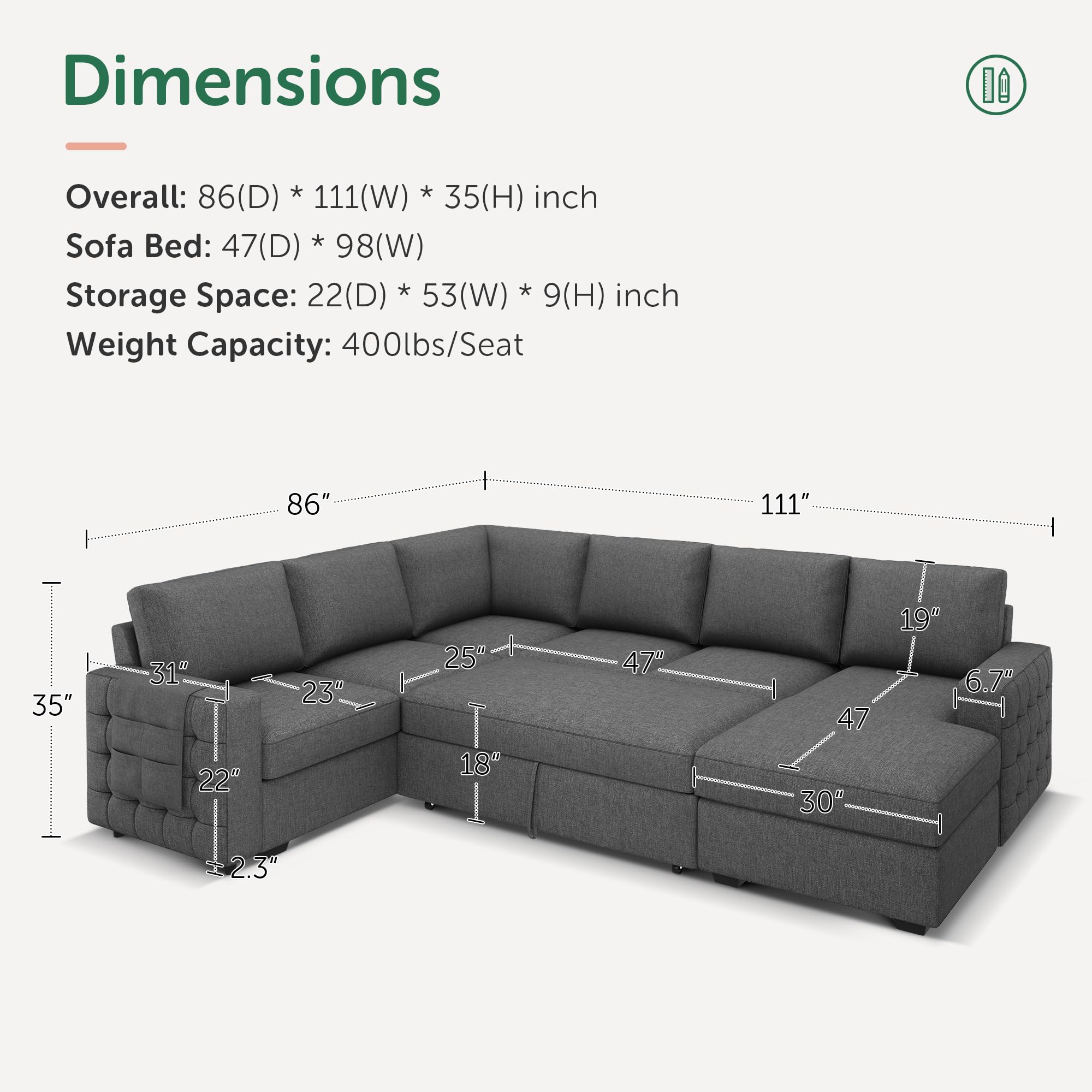 HONBAY Sectional Sleeper Sofa with Pull Out Bed U-Shape Sectional Couch Sleeper Bed with Storage Chaise 6 Seater Sleeper Sectional Sofa, Light Grey Gronata