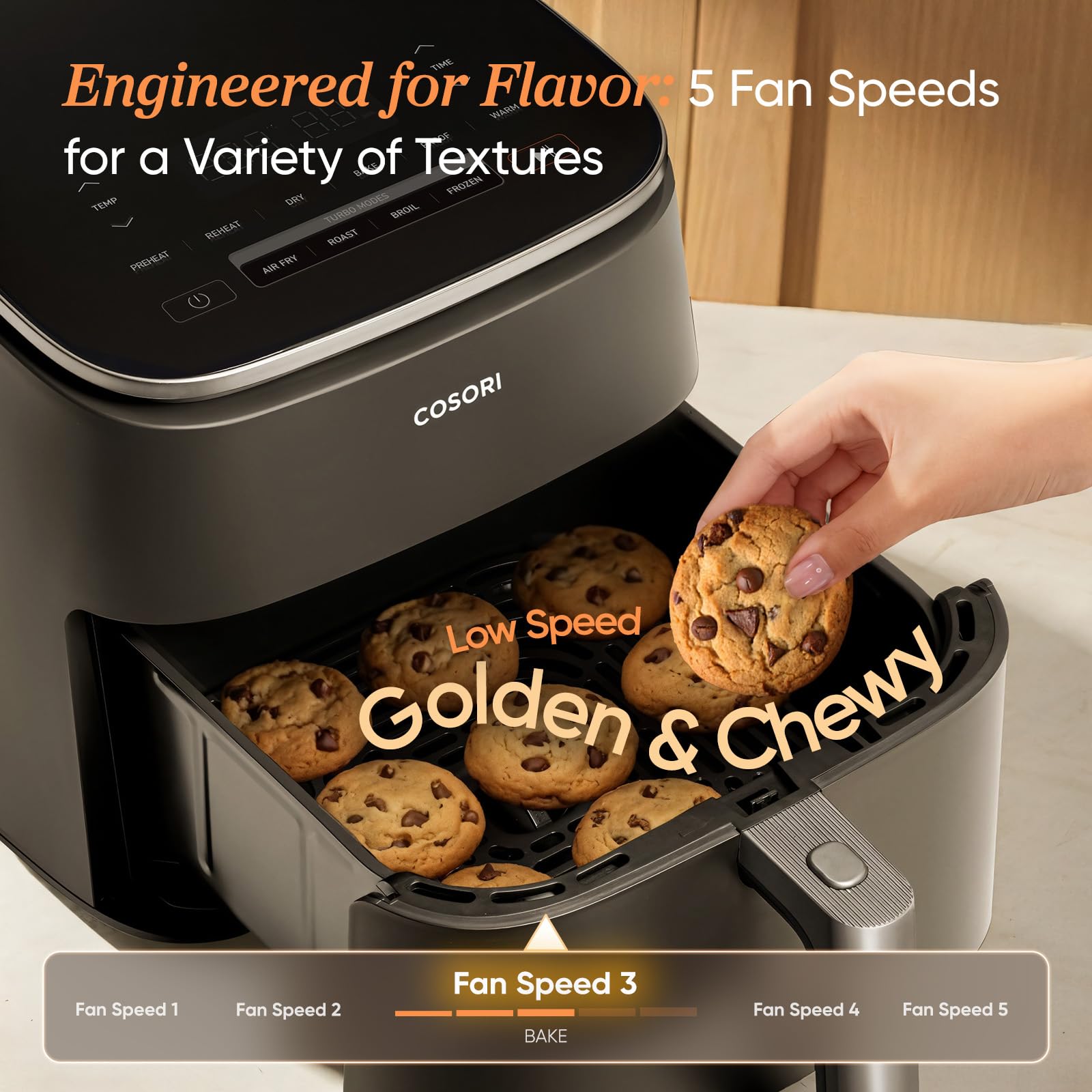 Cosori 9-in-1 TurboBlaze Air Fryer 6 Qt, PFAS-Free Ceramic Coating, 90°–450°F, Precise Heating for Even Results, Air Fry, Roast, Bake, Broil, Dry, Frozen, Proof, Reheat, Keep Warm, 120V, Dark Gray Gronata
