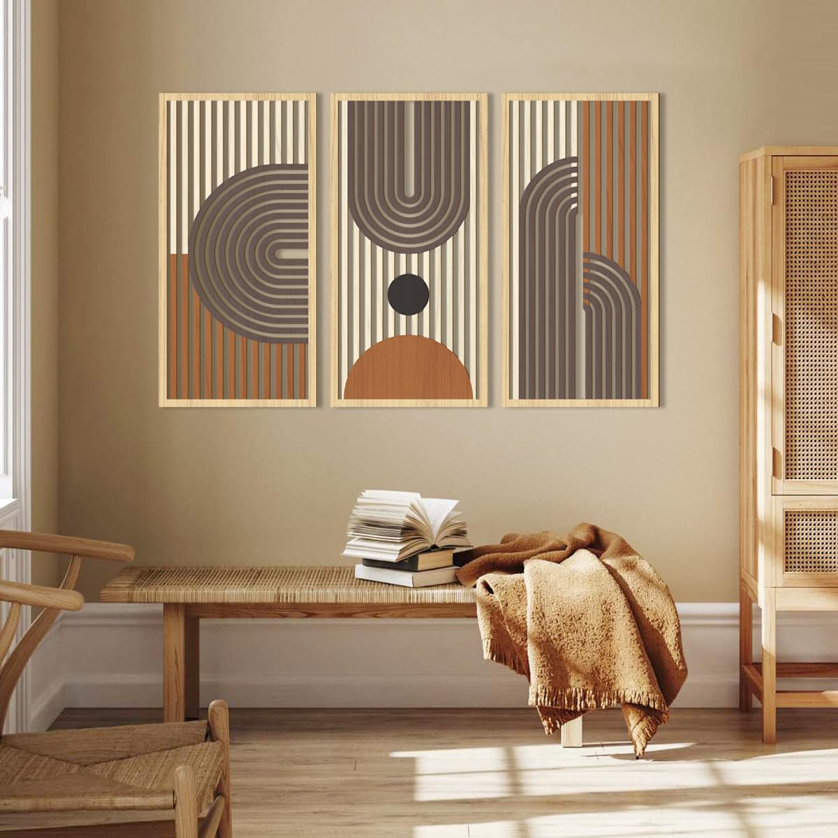 IARTTOP Large Boho Mid-century Modern Wood Wall Art 16x32 Inch Framed Green Abstract Leaf Wooden Wall Decor Bohemian Minimalist Geometric Wall Art Decor for Bedroom Living Room Office Set of 3 Gronata