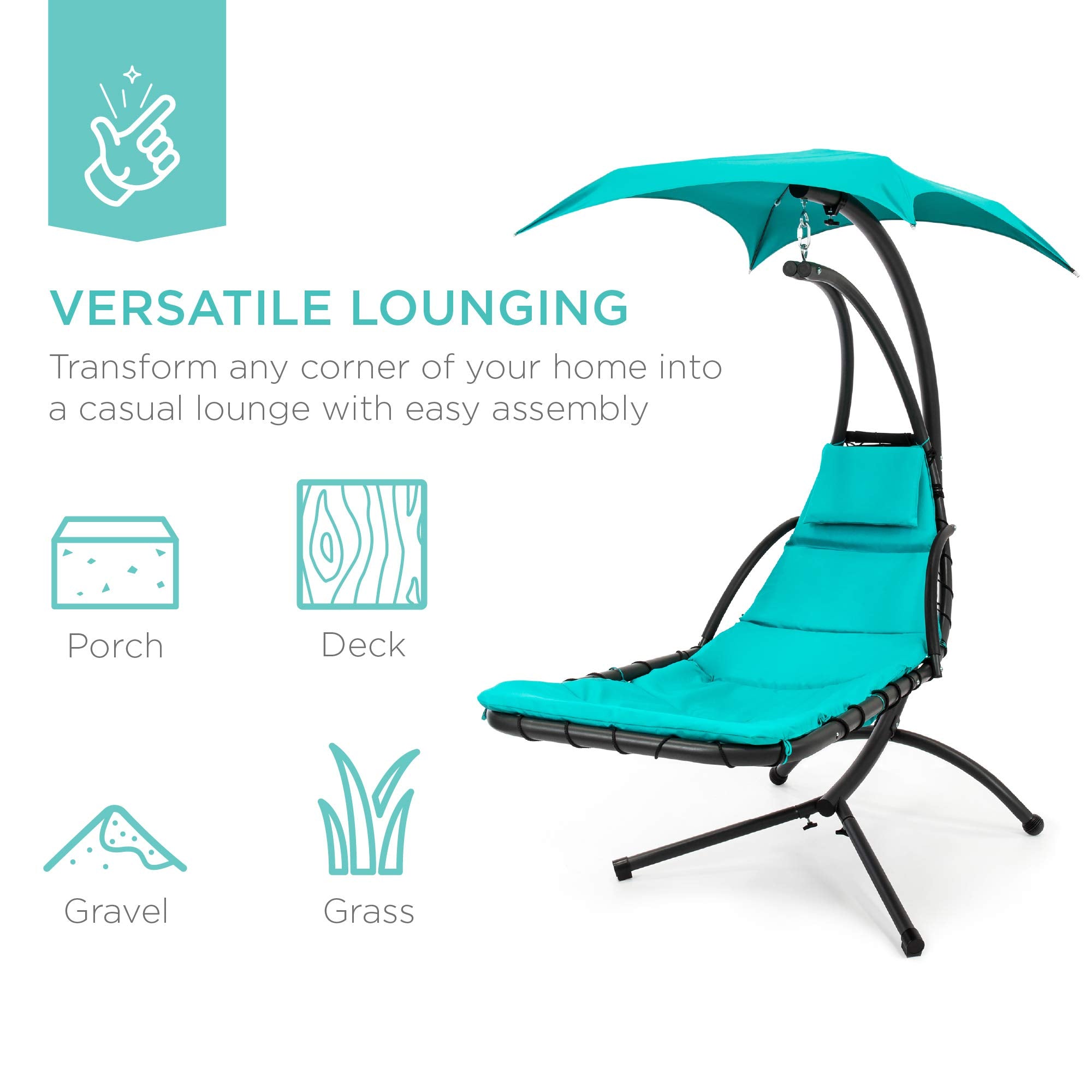 Best Choice Products Outdoor Hanging Curved Steel Chaise Lounge Chair Swing w/Built-in Pillow and Removable Canopy - Navy Blue Gronata