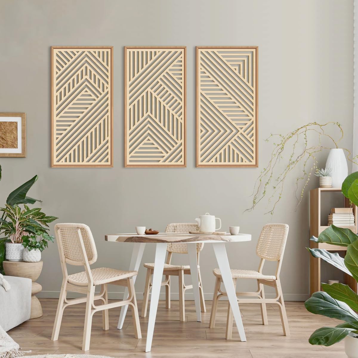 IARTTOP Large Boho Mid-century Modern Wood Wall Art 16x32 Inch Framed Green Abstract Leaf Wooden Wall Decor Bohemian Minimalist Geometric Wall Art Decor for Bedroom Living Room Office Set of 3 Gronata