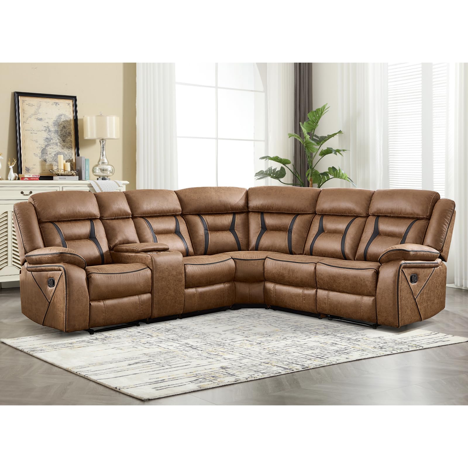 EBELLO Faux Leather Recliner Sofa Furniture Set for Living Room, 2 Recliner Chairs, 3 Seat Reclining Sofa Couch Set for Meeting Room, Brown Gronata