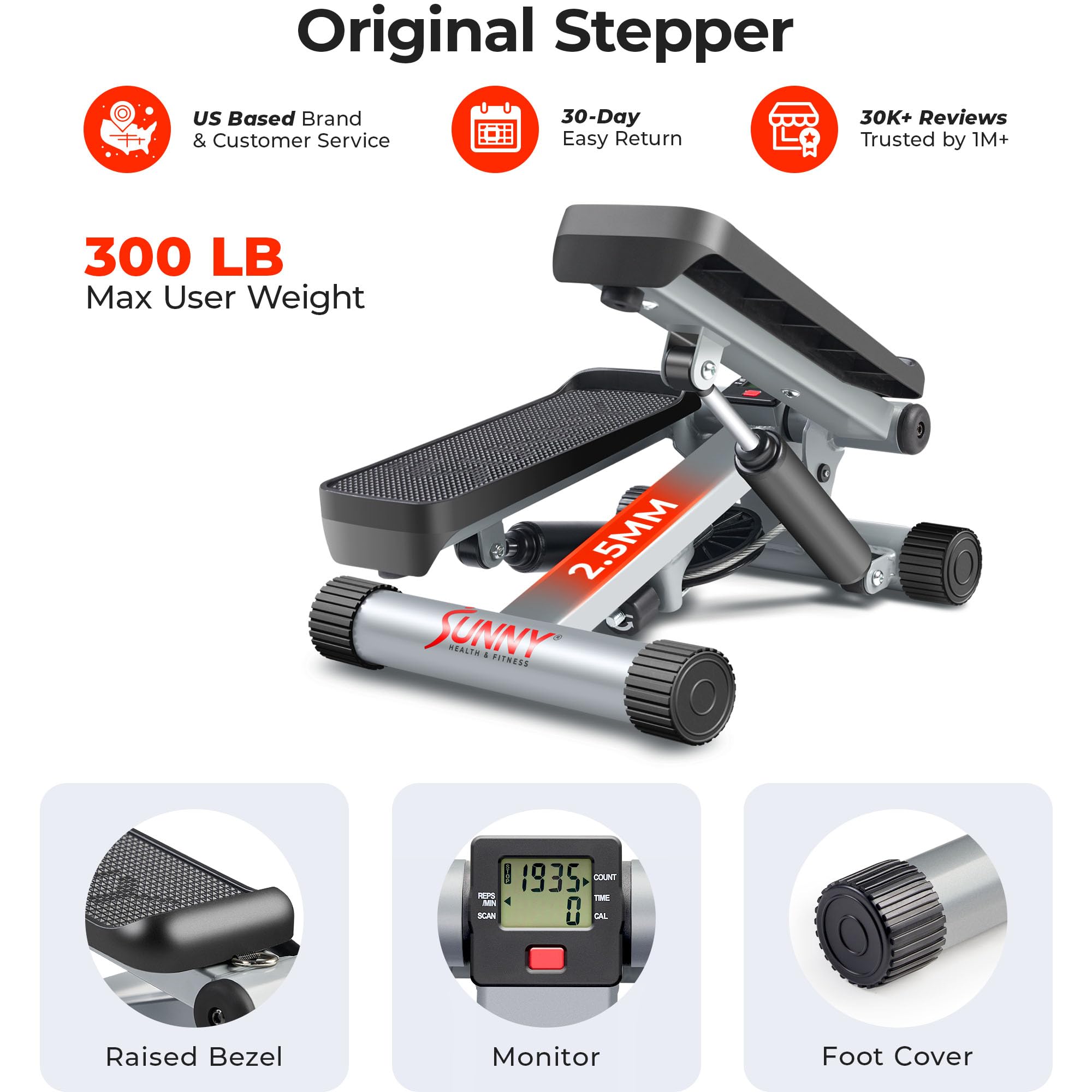 Sunny Health & Fitness Mini Steppers for Exercise at Home, Stair Step Workout Machine with Resistance Bands, Full Body Cardio Equipment with Digital Monitor - No. 012 -S Gronata