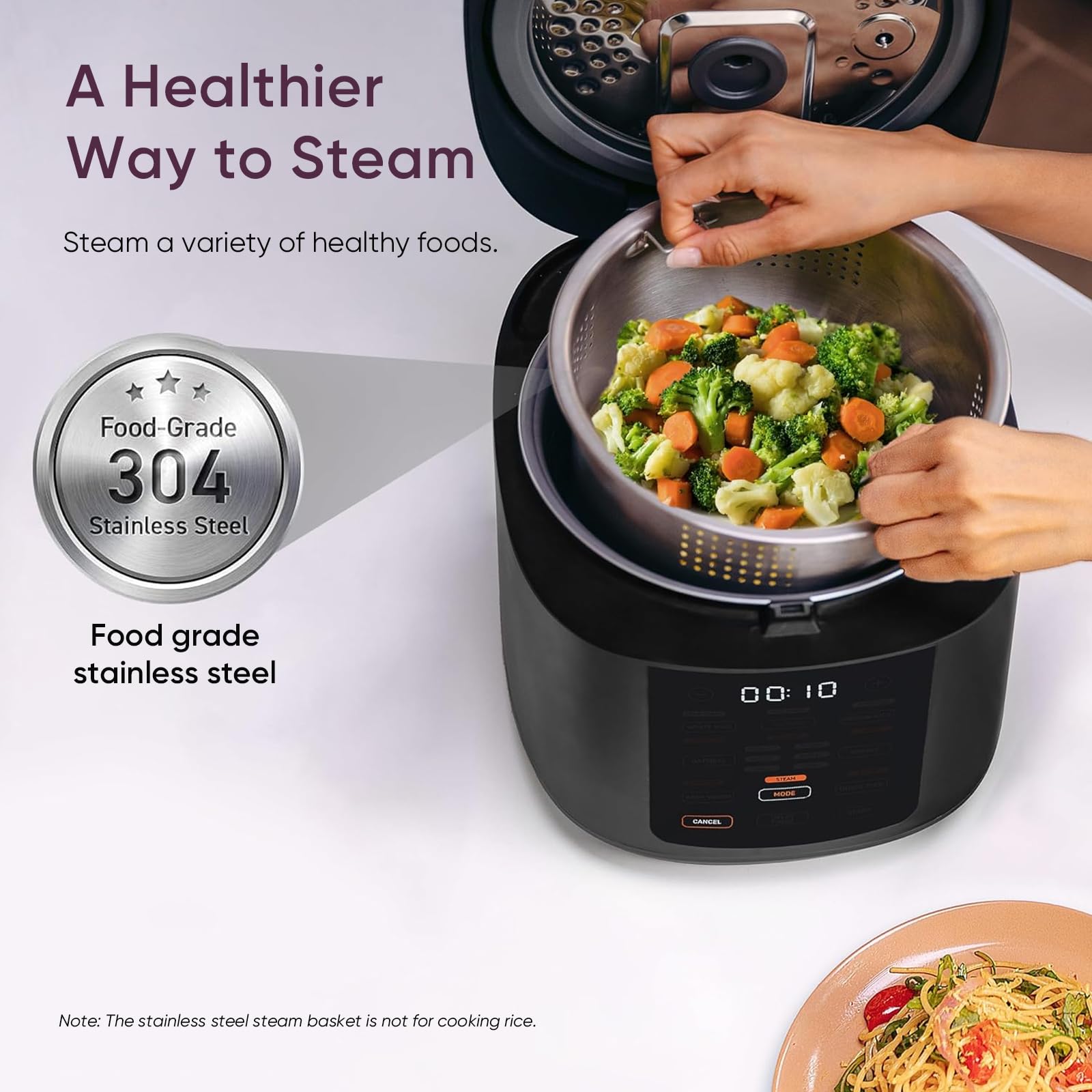 Cosori Rice Cooker 10 Cup, 24h Keep Warm, Non-stick Ceramic Inner Pot, 18 Functions Fuzzy Logic Rice Maker with Stainless Steel Steamer Basket, Sauté, Slow Cooker, Black Gronata