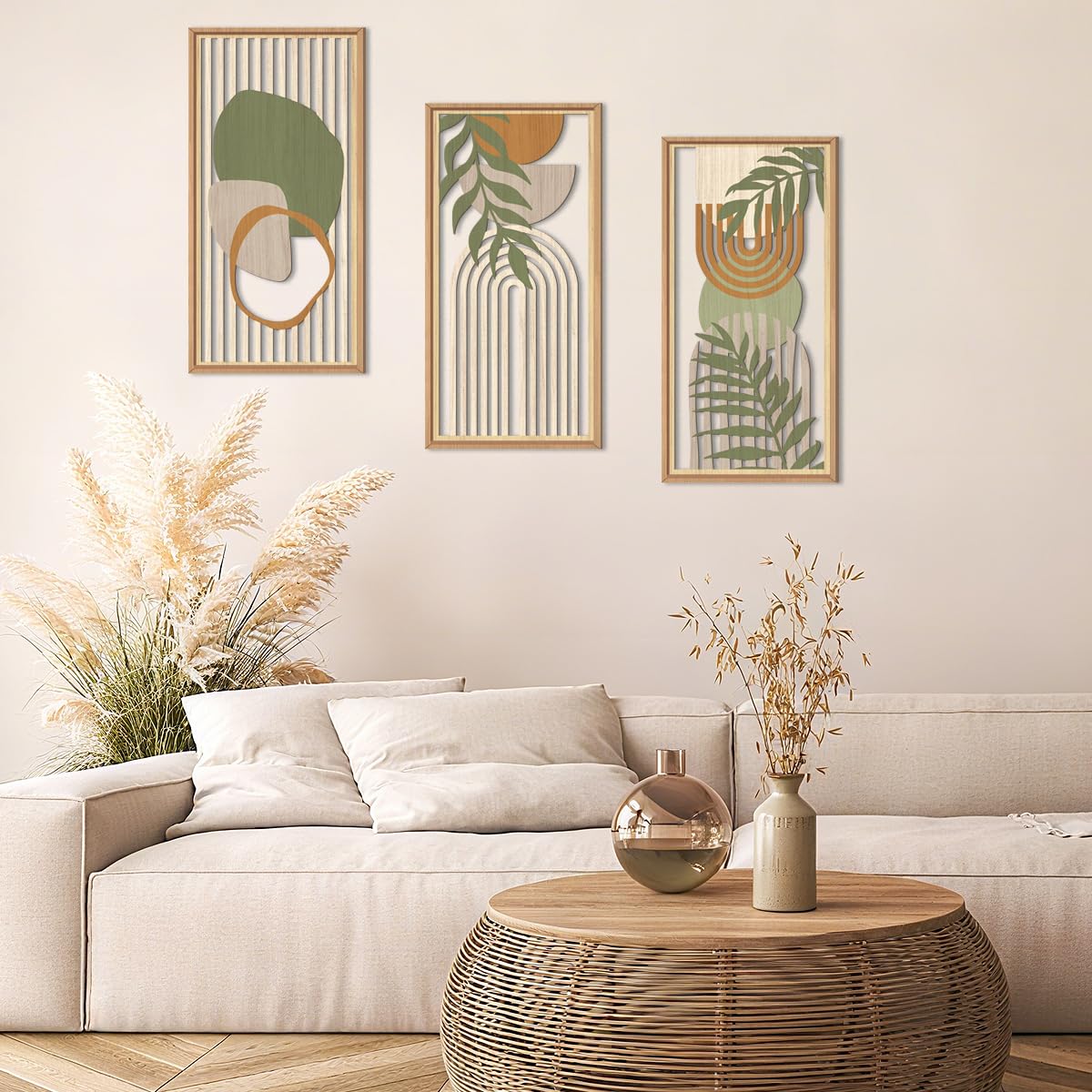 IARTTOP Large Boho Mid-century Modern Wood Wall Art 16x32 Inch Framed Green Abstract Leaf Wooden Wall Decor Bohemian Minimalist Geometric Wall Art Decor for Bedroom Living Room Office Set of 3 Gronata
