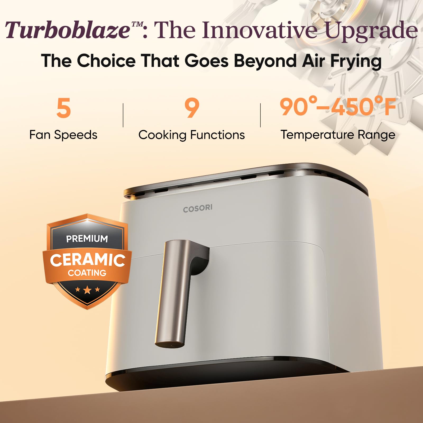 Cosori 9-in-1 TurboBlaze Air Fryer 6 Qt, PFAS-Free Ceramic Coating, 90°–450°F, Precise Heating for Even Results, Air Fry, Roast, Bake, Broil, Dry, Frozen, Proof, Reheat, Keep Warm, 120V, Dark Gray Gronata