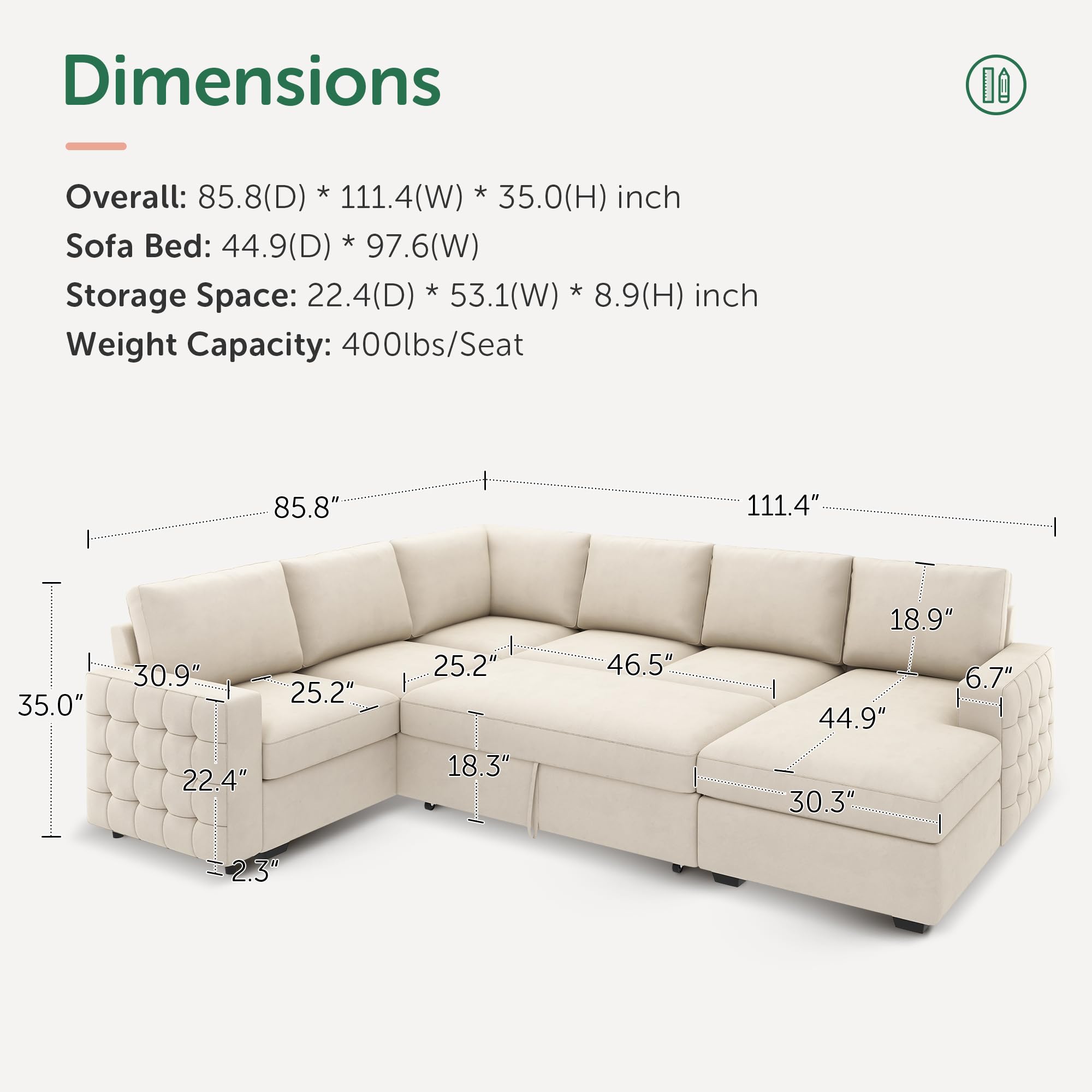 HONBAY Sectional Sleeper Sofa with Pull Out Bed U-Shape Sectional Couch Sleeper Bed with Storage Chaise 6 Seater Sleeper Sectional Sofa, Light Grey Gronata