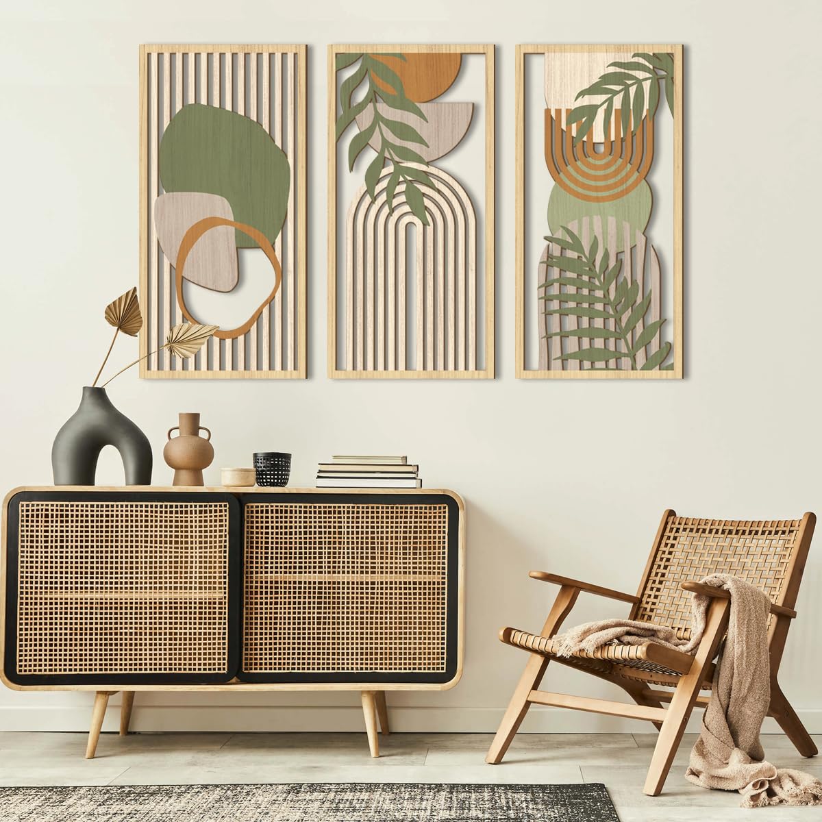 IARTTOP Large Boho Mid-century Modern Wood Wall Art 16x32 Inch Framed Green Abstract Leaf Wooden Wall Decor Bohemian Minimalist Geometric Wall Art Decor for Bedroom Living Room Office Set of 3 Gronata