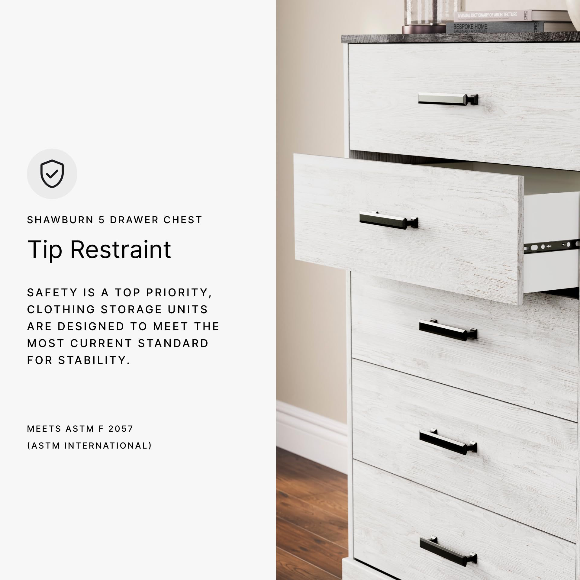 Signature Design by Ashley Shawburn Rustic 5 Drawer Chest of Smooth-Gliding Drawers and Safety Stop, White & Gray Gronata
