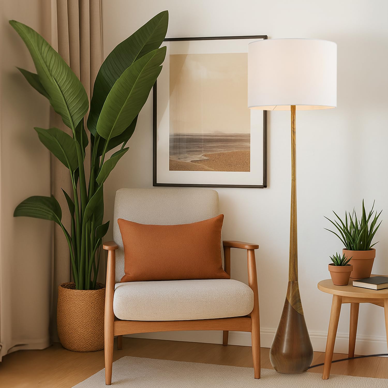 Globe Electric Novogratz x Globe Harrington 65" Floor Lamp, 2-Tone Faux Wood Base, White Fabric Shade, Socket Rotary Switch 67225 Gronata