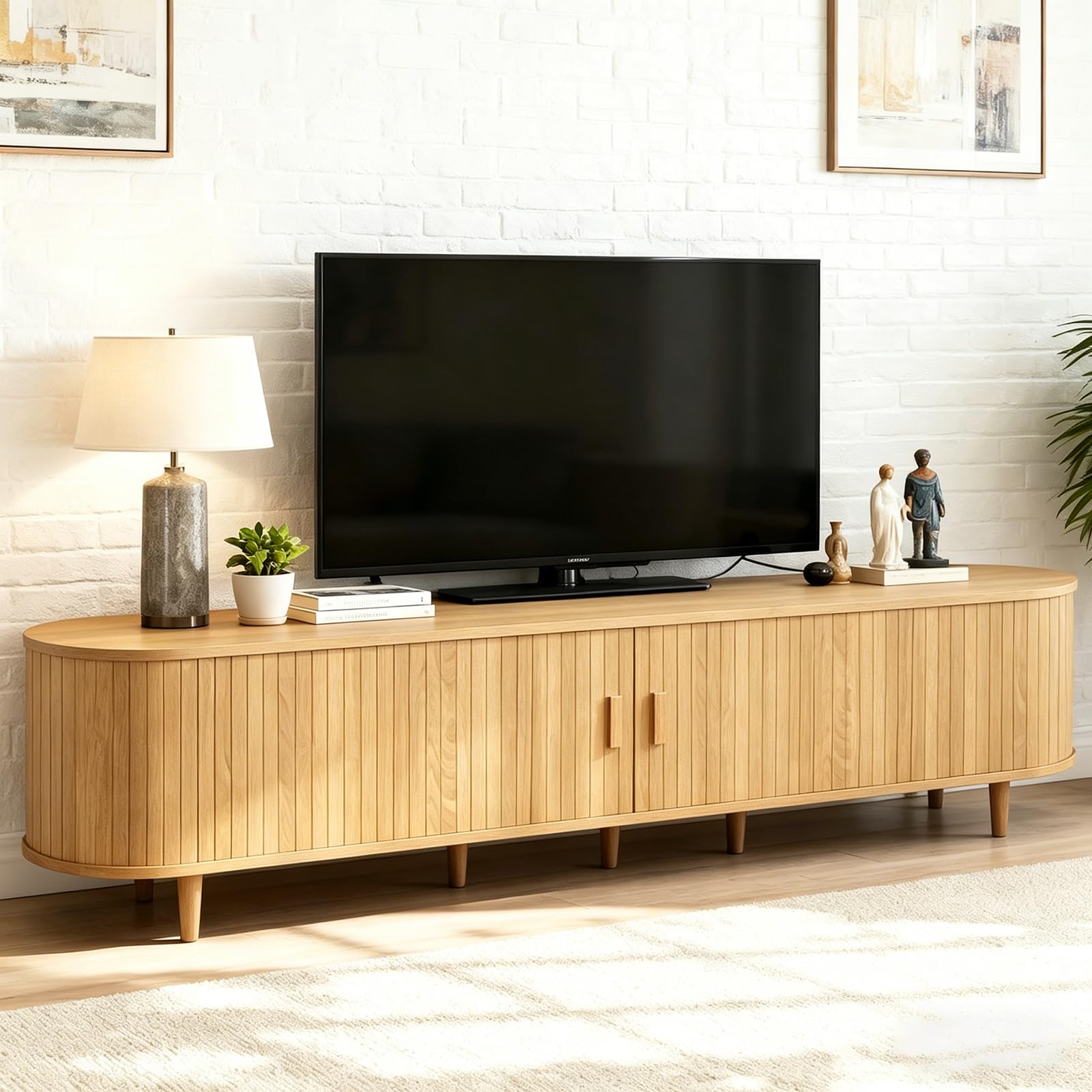 OneBlis 70" Mid Century Modern TV Stand, Wood TV Consoles with Sliding Doors and Power Outlet, Entertainment Center with Adjustable Shelves, Fluted TV Stands for Living Room, Walnut Gronata