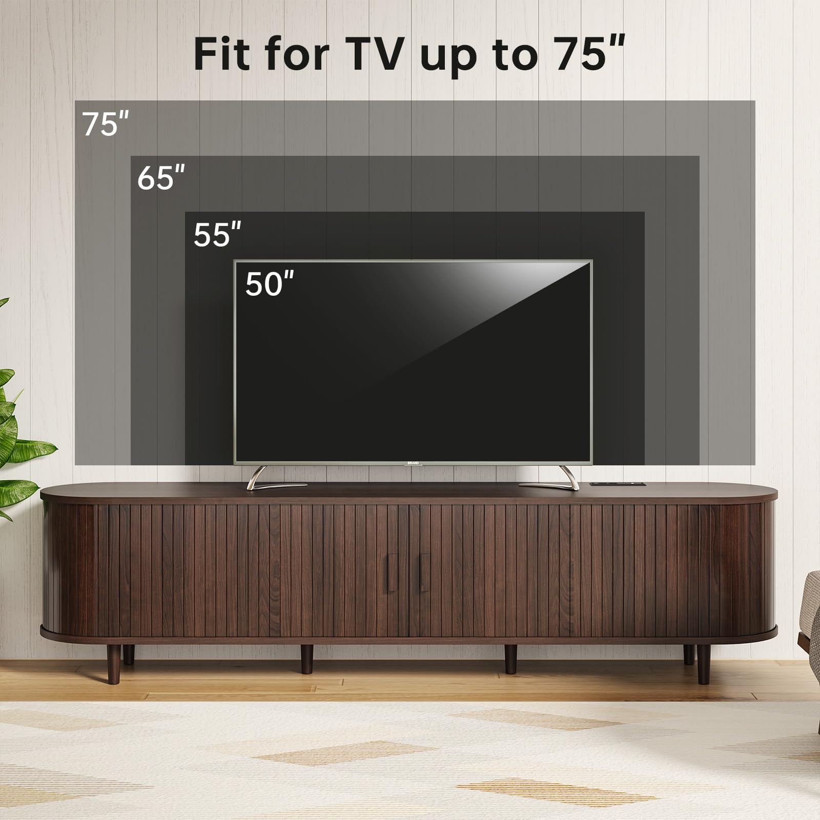 OneBlis 70" Mid Century Modern TV Stand, Wood TV Consoles with Sliding Doors and Power Outlet, Entertainment Center with Adjustable Shelves, Fluted TV Stands for Living Room, Walnut Gronata