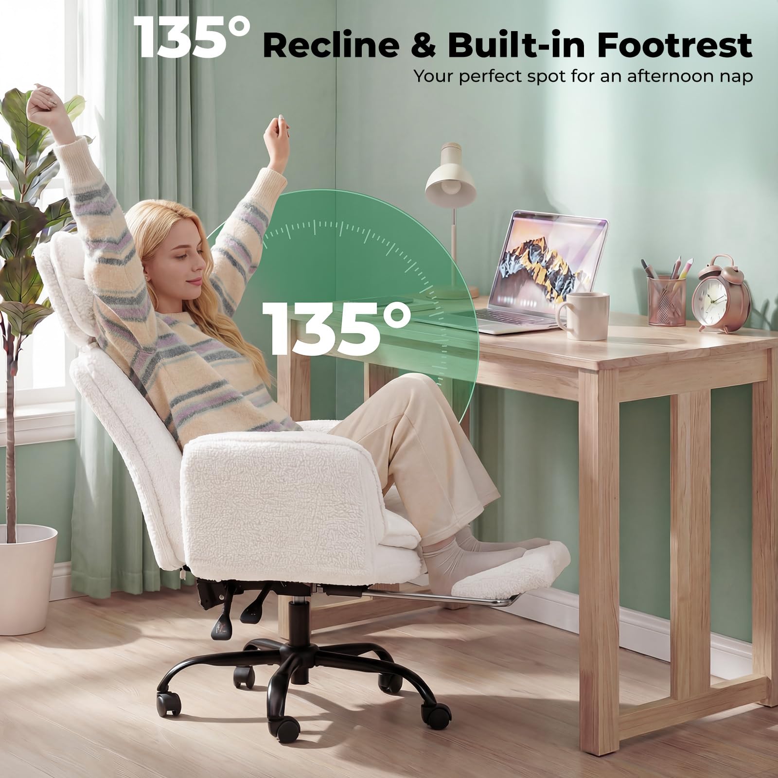 HOMRELEXA Criss Cross Office Chair with Armrests & Wheels, Comfy Velvet Vanity Chair, Ergonomic Executive Gaming Computer Chairs with Foot Rest, Wide Seat Reclining Desk Chair, White Gronata