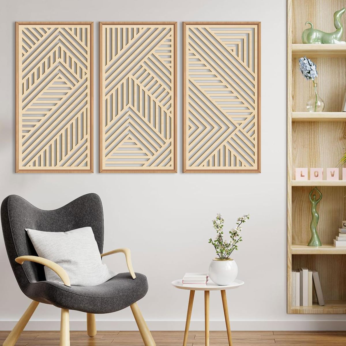 IARTTOP Large Boho Mid-century Modern Wood Wall Art 16x32 Inch Framed Green Abstract Leaf Wooden Wall Decor Bohemian Minimalist Geometric Wall Art Decor for Bedroom Living Room Office Set of 3 Gronata