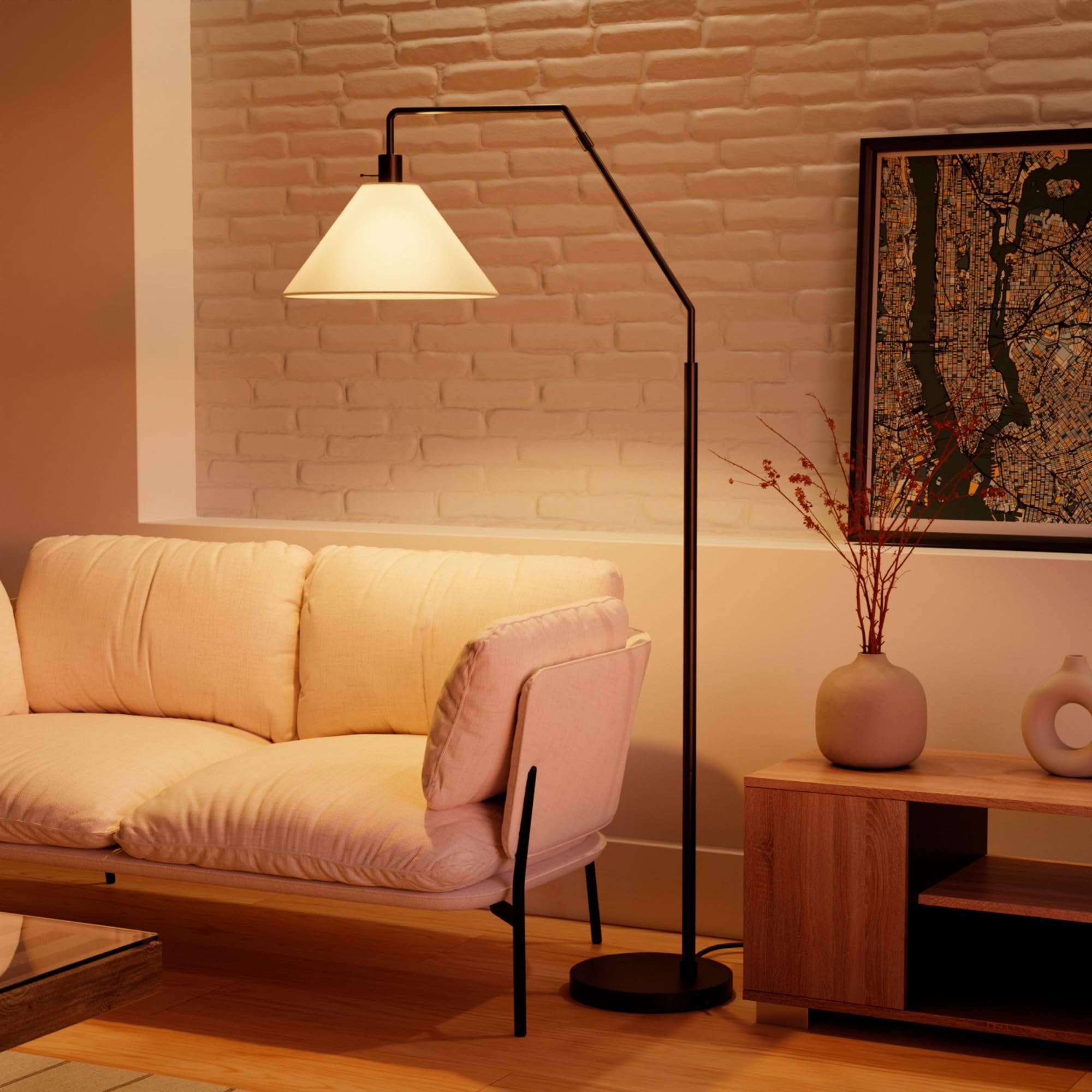 Globe Electric Novogratz x Globe Harrington 65" Floor Lamp, 2-Tone Faux Wood Base, White Fabric Shade, Socket Rotary Switch 67225 Gronata