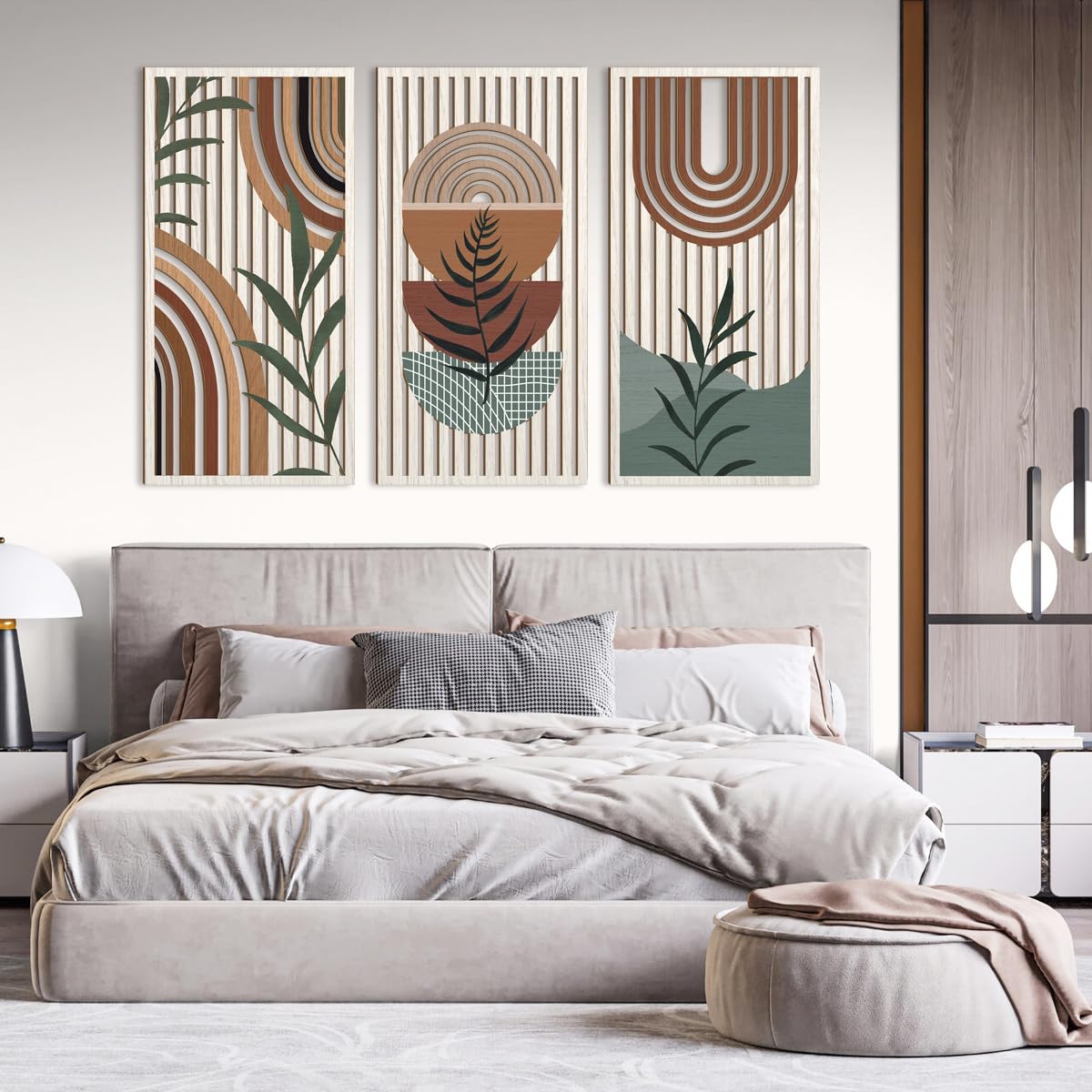 IARTTOP Large Boho Mid-century Modern Wood Wall Art 16x32 Inch Framed Green Abstract Leaf Wooden Wall Decor Bohemian Minimalist Geometric Wall Art Decor for Bedroom Living Room Office Set of 3 Gronata