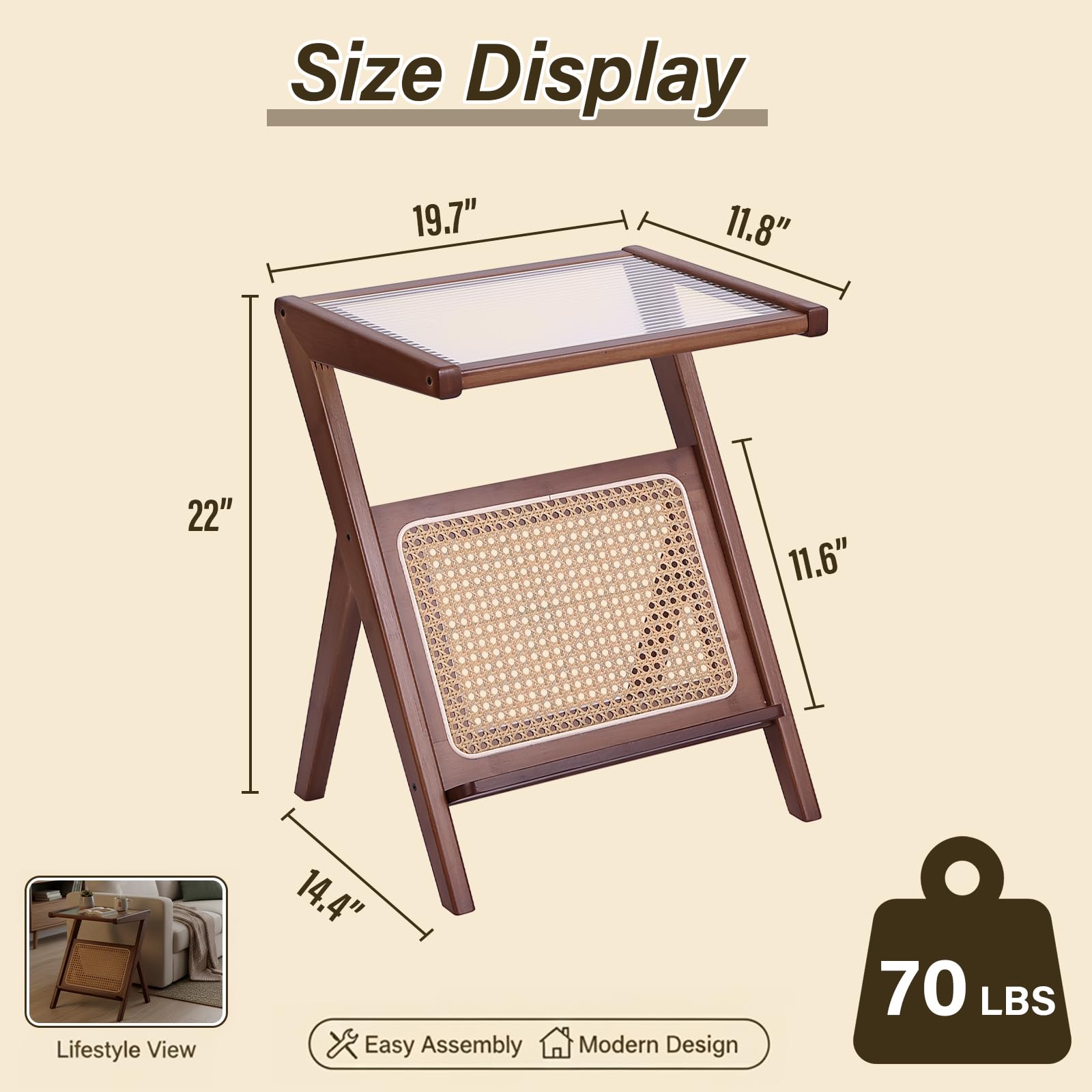Tiita Rattan Coffee Table, Bamboo Accent Bedside Tables, Glass Nightstand Side Table, Boho Wooden End Table with Storage for Living Room,Living Room, Dining Room, Tea, Home Décor Gronata