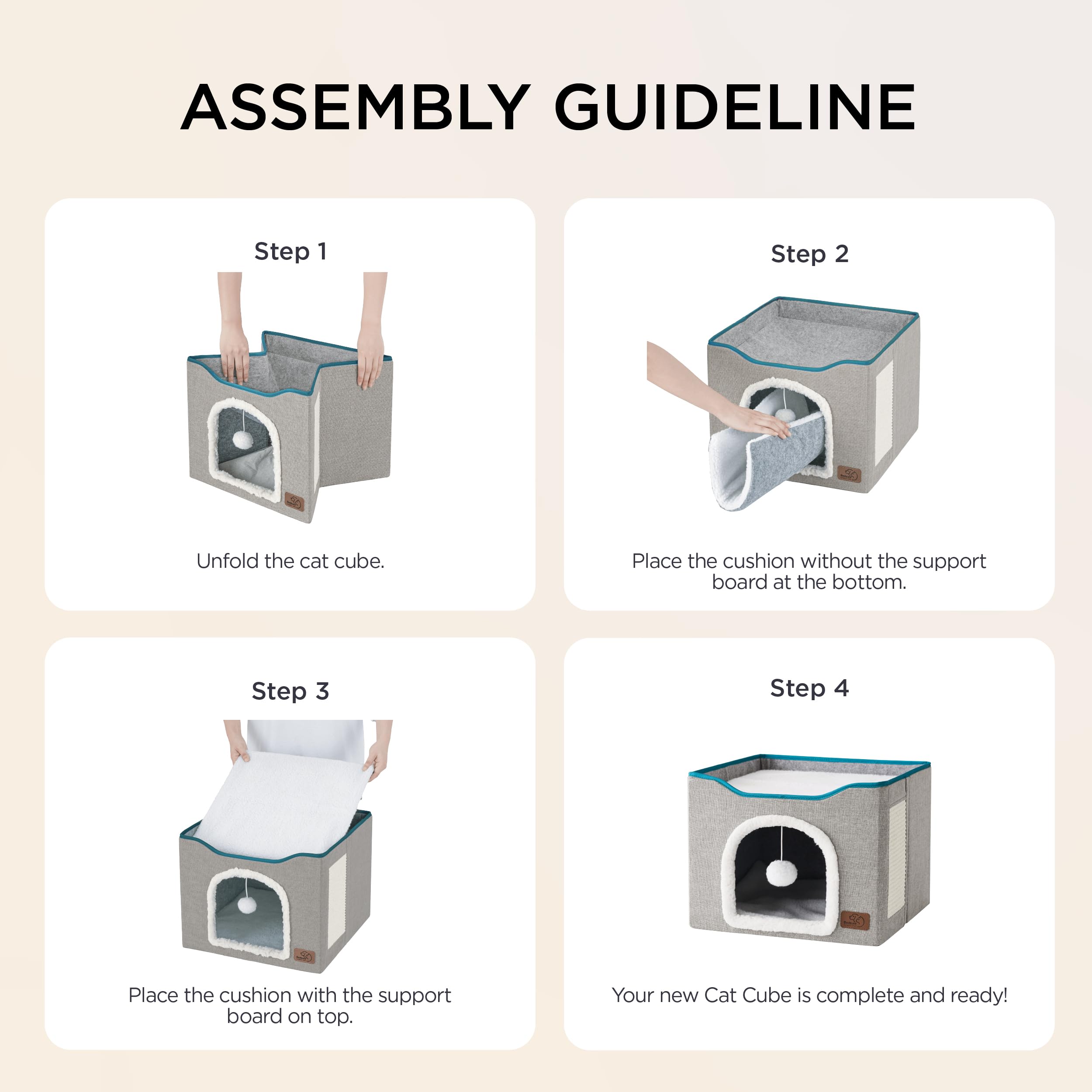 Bedsure Cat Beds for Indoor Cats - Large Cat Cave for Pet Cat House with Fluffy Ball Hanging and Scratch Pad, Foldable Cat Hideaway, 16.5x16.5x13 inches, Grey Gronata