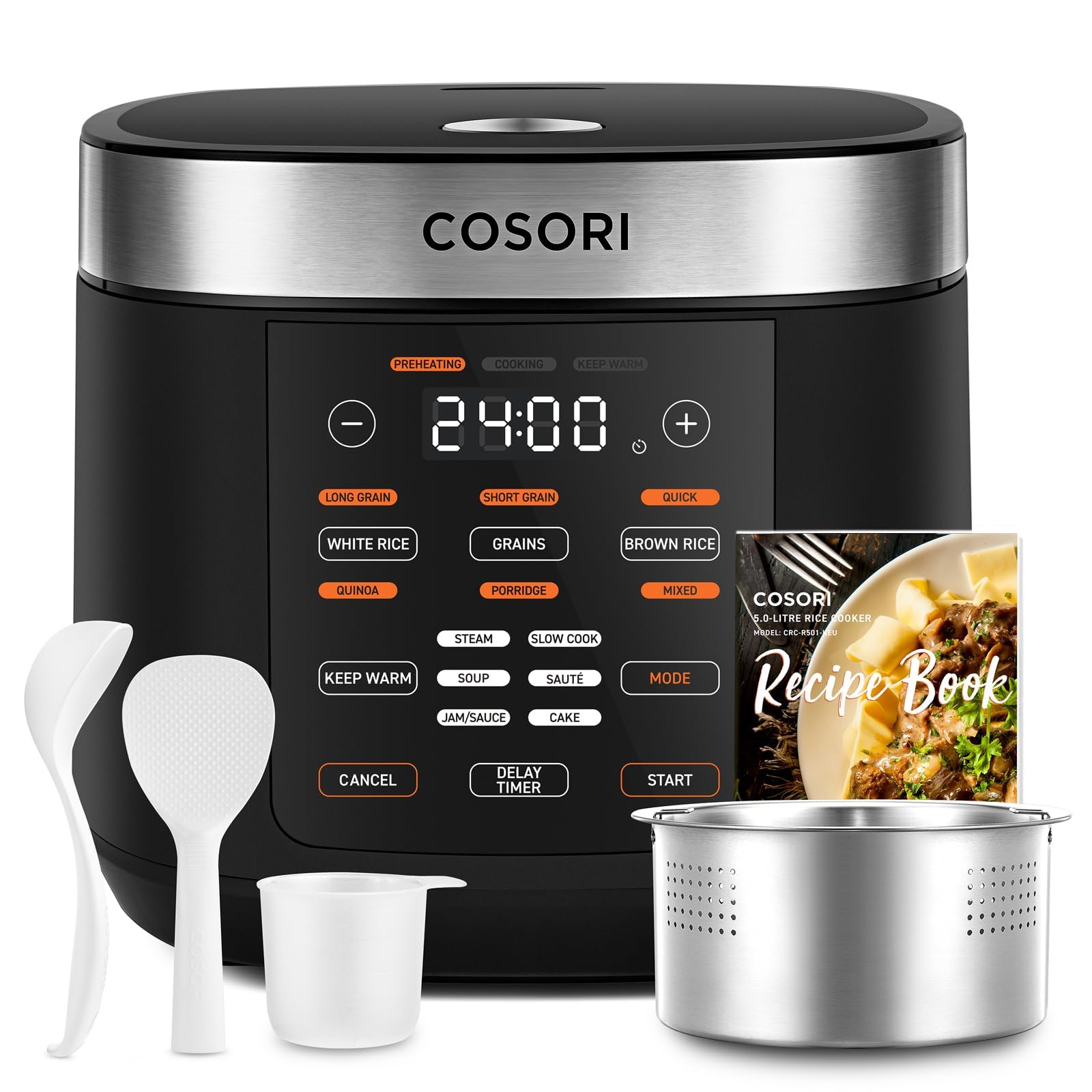 Cosori Rice Cooker 10 Cup, 24h Keep Warm, Non-stick Ceramic Inner Pot, 18 Functions Fuzzy Logic Rice Maker with Stainless Steel Steamer Basket, Sauté, Slow Cooker, Black Gronata