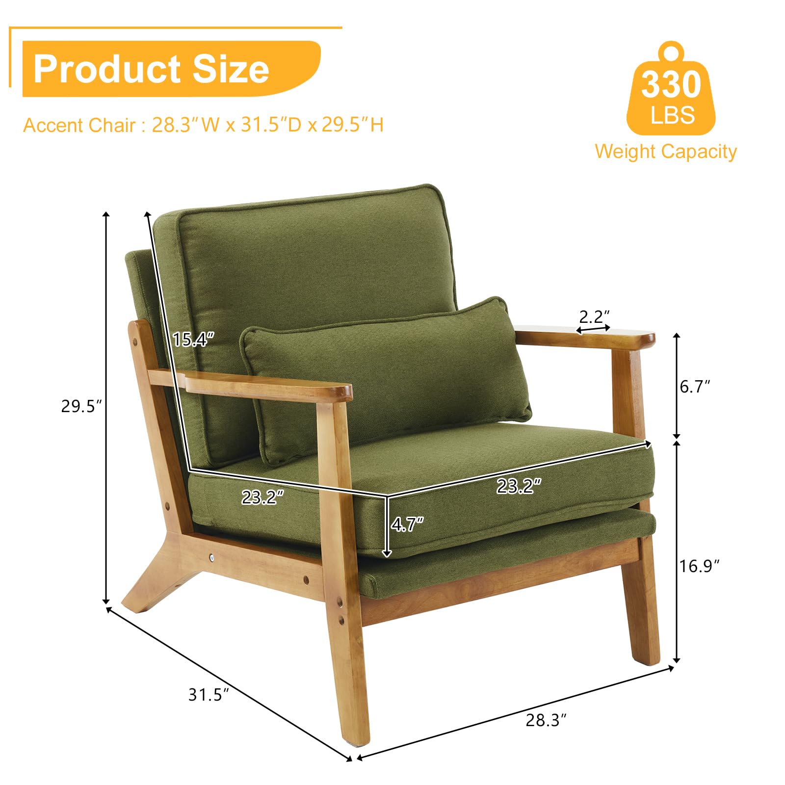 Karl home Accent Chair Wide Armrest Mid-Century Lounge Chair Linen Fabric Armchair with Lumbar Pillow & Solid Wood Frame for Living Room, Bedroom, Balcony, Green Gronata