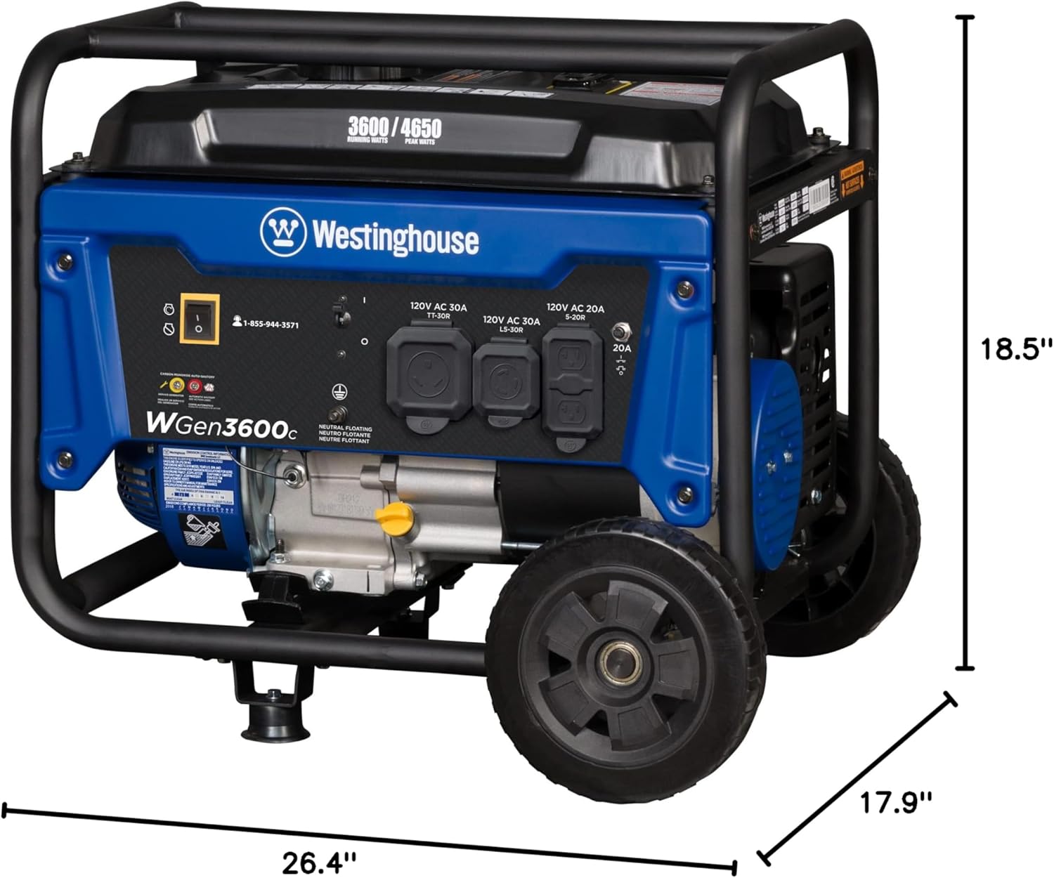 Westinghouse 4650 Peak Watt Portable Generator, RV Ready 30A Outlet, Wheel & Handle Kit, Gas Powered, CO Sensor Gronata