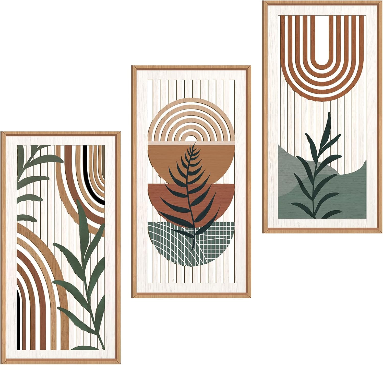 IARTTOP Large Boho Mid-century Modern Wood Wall Art 16x32 Inch Framed Green Abstract Leaf Wooden Wall Decor Bohemian Minimalist Geometric Wall Art Decor for Bedroom Living Room Office Set of 3 Gronata