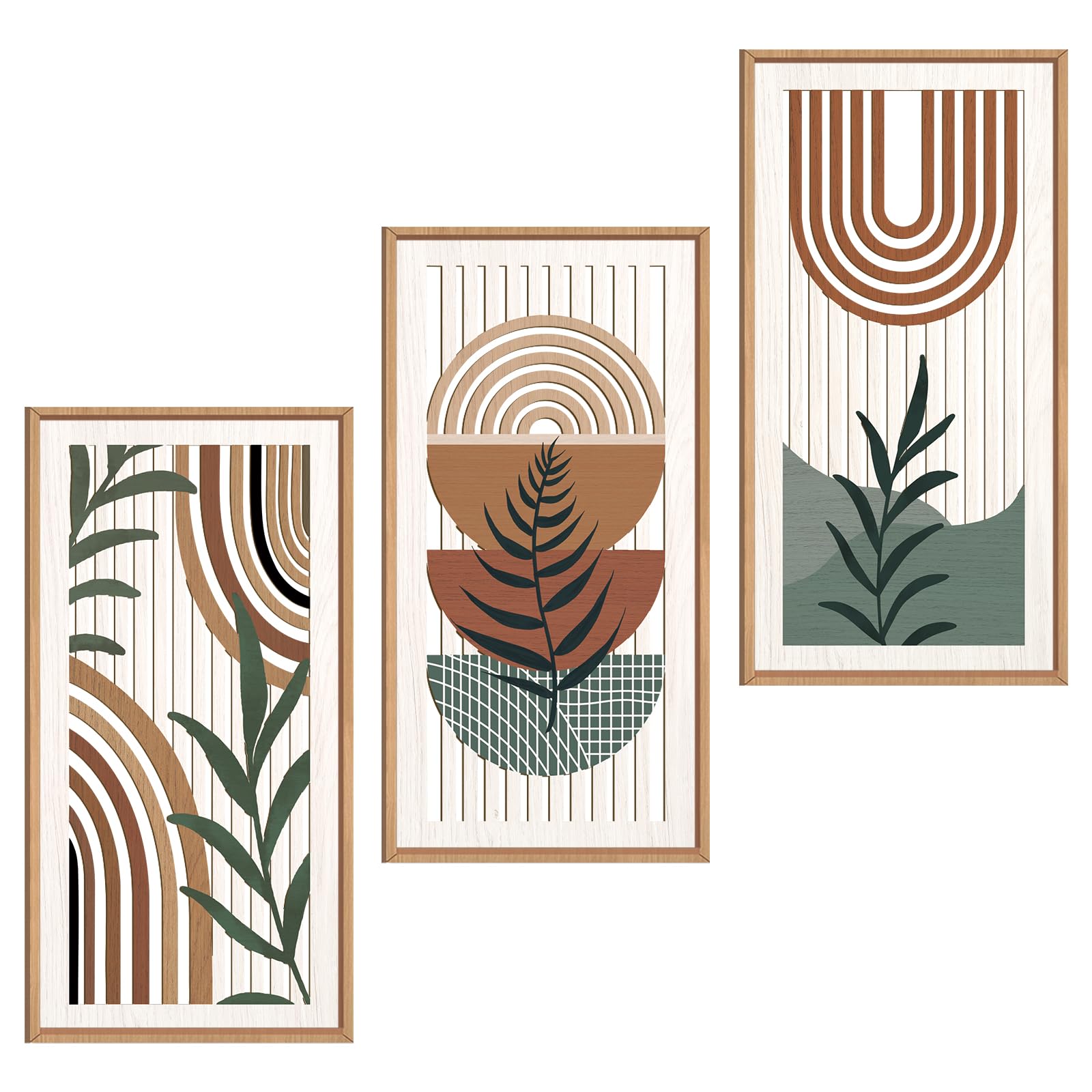 IARTTOP Large Boho Mid-century Modern Wood Wall Art 16x32 Inch Framed Green Abstract Leaf Wooden Wall Decor Bohemian Minimalist Geometric Wall Art Decor for Bedroom Living Room Office Set of 3 Gronata