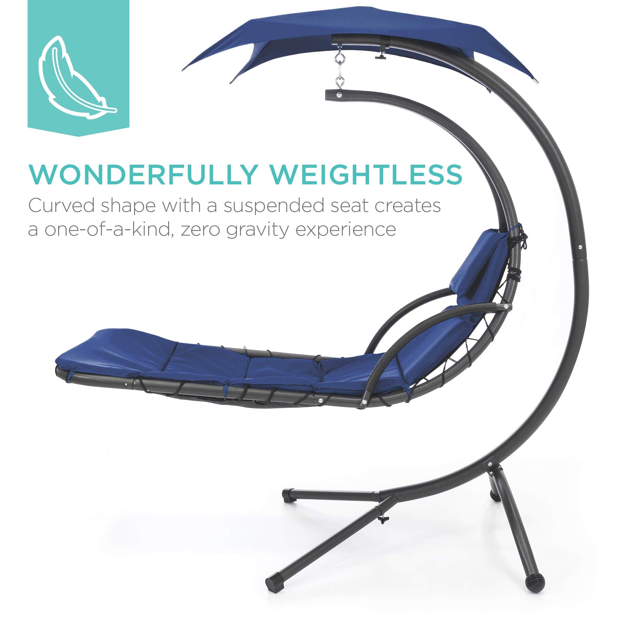 Best Choice Products Outdoor Hanging Curved Steel Chaise Lounge Chair Swing w/Built-in Pillow and Removable Canopy - Navy Blue Gronata
