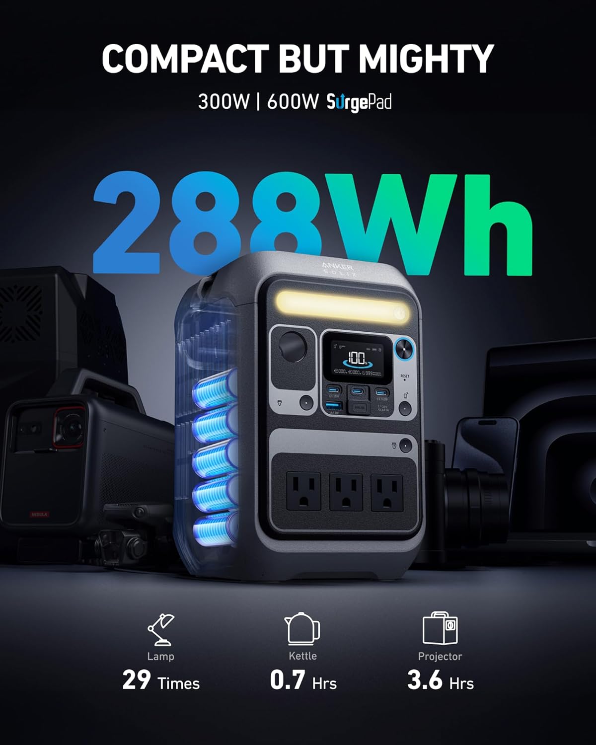 Anker Solar Generator SOLIX C300 with 60W Solar Panel, 288Wh Portable Power Station, 300W (600W Surge), LiFePO4 Battery, 140W Two-Way Fast Charging, for Outdoor Camping, Traveling, and Emergencies Gronata
