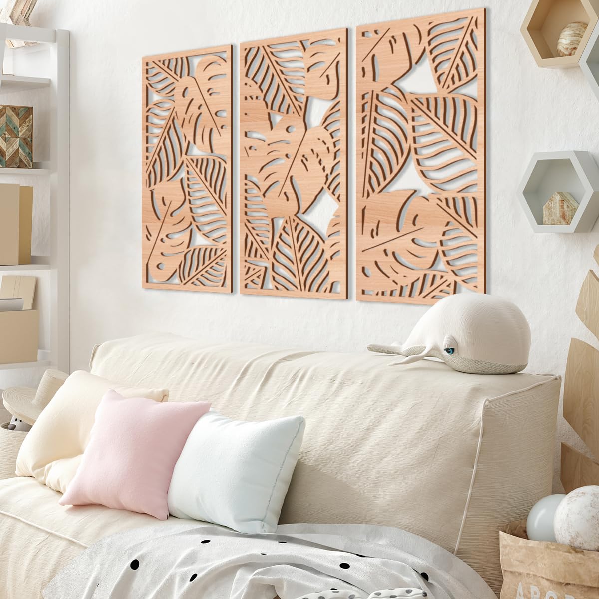 IARTTOP Large Boho Mid-century Modern Wood Wall Art 16x32 Inch Framed Green Abstract Leaf Wooden Wall Decor Bohemian Minimalist Geometric Wall Art Decor for Bedroom Living Room Office Set of 3 Gronata