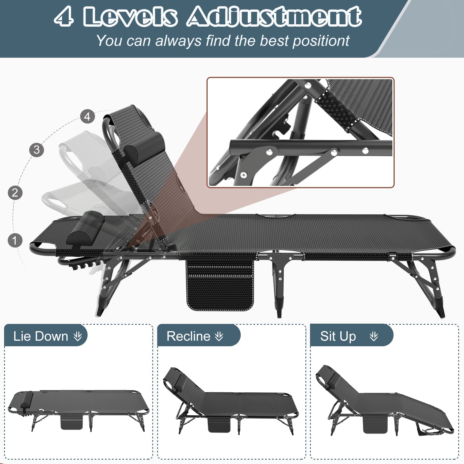 DoCred Heavy Duty Chaise Lounge Chair, Adjustable 5-Position Folding Chaise Lounge Chairs for Outside, Portable Lay Flat Beach Lounge Chair for Outdoor Sunbathing Beach Pool Lawn Camping Gronata