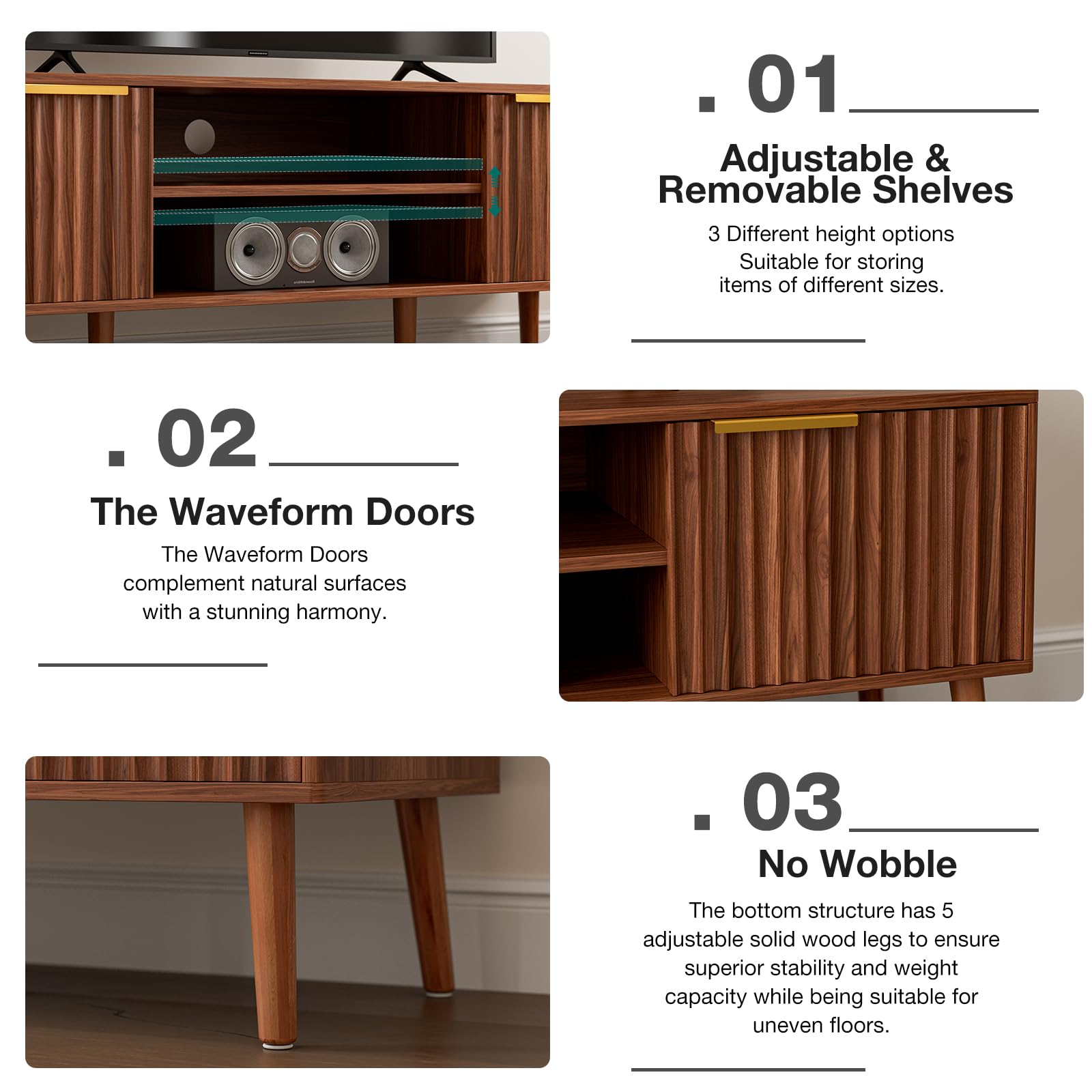 LCRBOL TV Stand for Living Room, Mid Century Modern Entertainment Center for 55/60 inch TVs, TV Console with Fluted Door Cabinets and Open Shelves, for Bedroom, Walnut Gronata