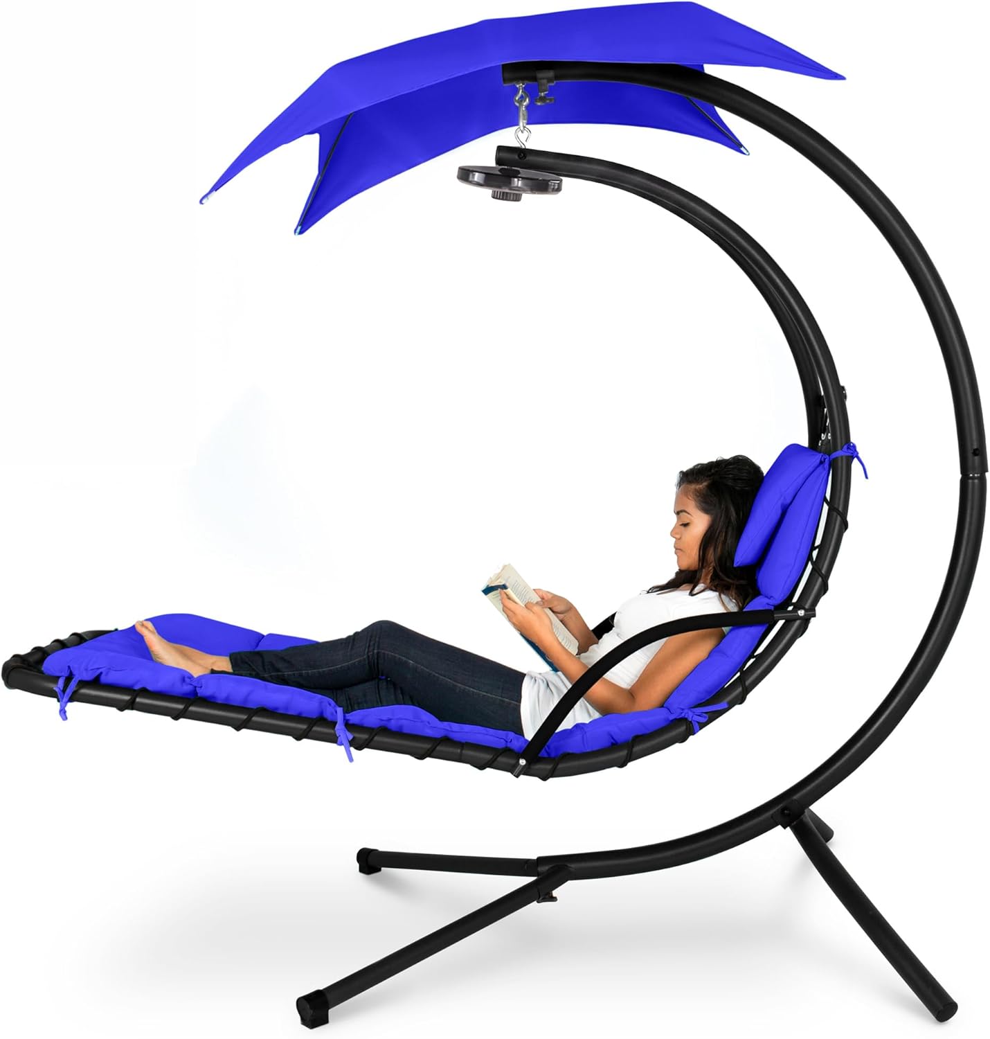 Best Choice Products Outdoor Hanging Curved Steel Chaise Lounge Chair Swing w/Built-in Pillow and Removable Canopy - Navy Blue Gronata