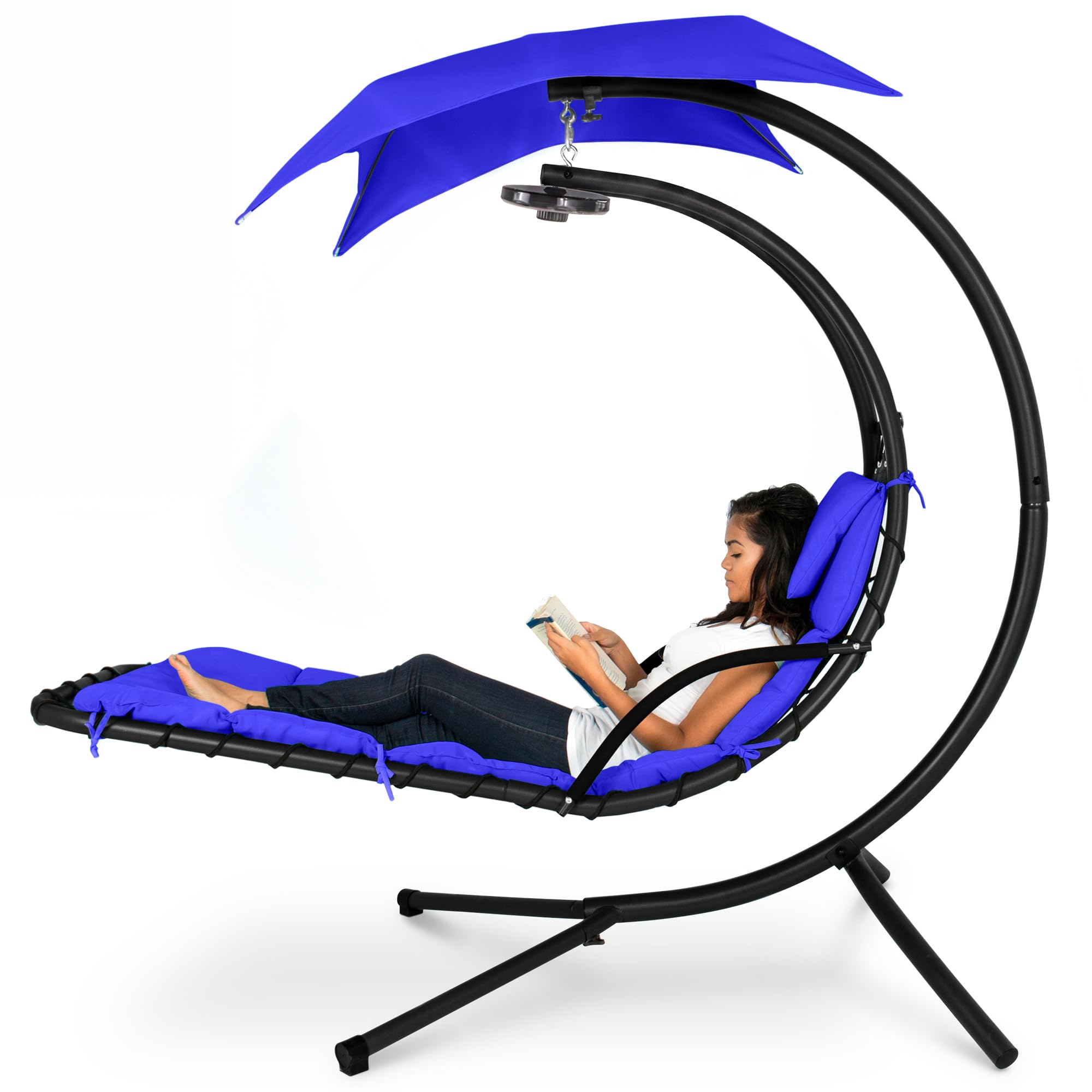 Best Choice Products Outdoor Hanging Curved Steel Chaise Lounge Chair Swing w/Built-in Pillow and Removable Canopy - Navy Blue Gronata