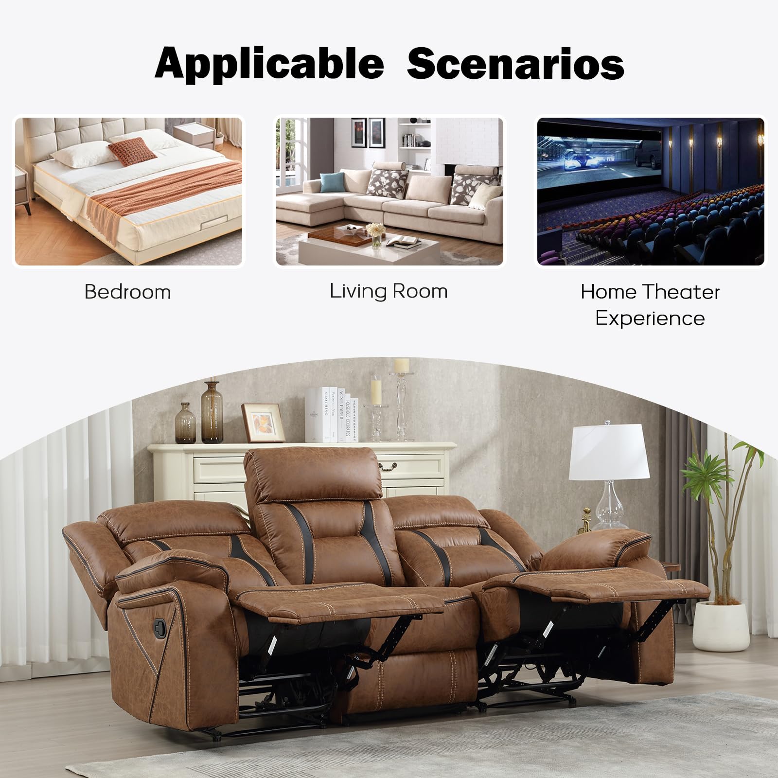 EBELLO Faux Leather Recliner Sofa Furniture Set for Living Room, 2 Recliner Chairs, 3 Seat Reclining Sofa Couch Set for Meeting Room, Brown Gronata