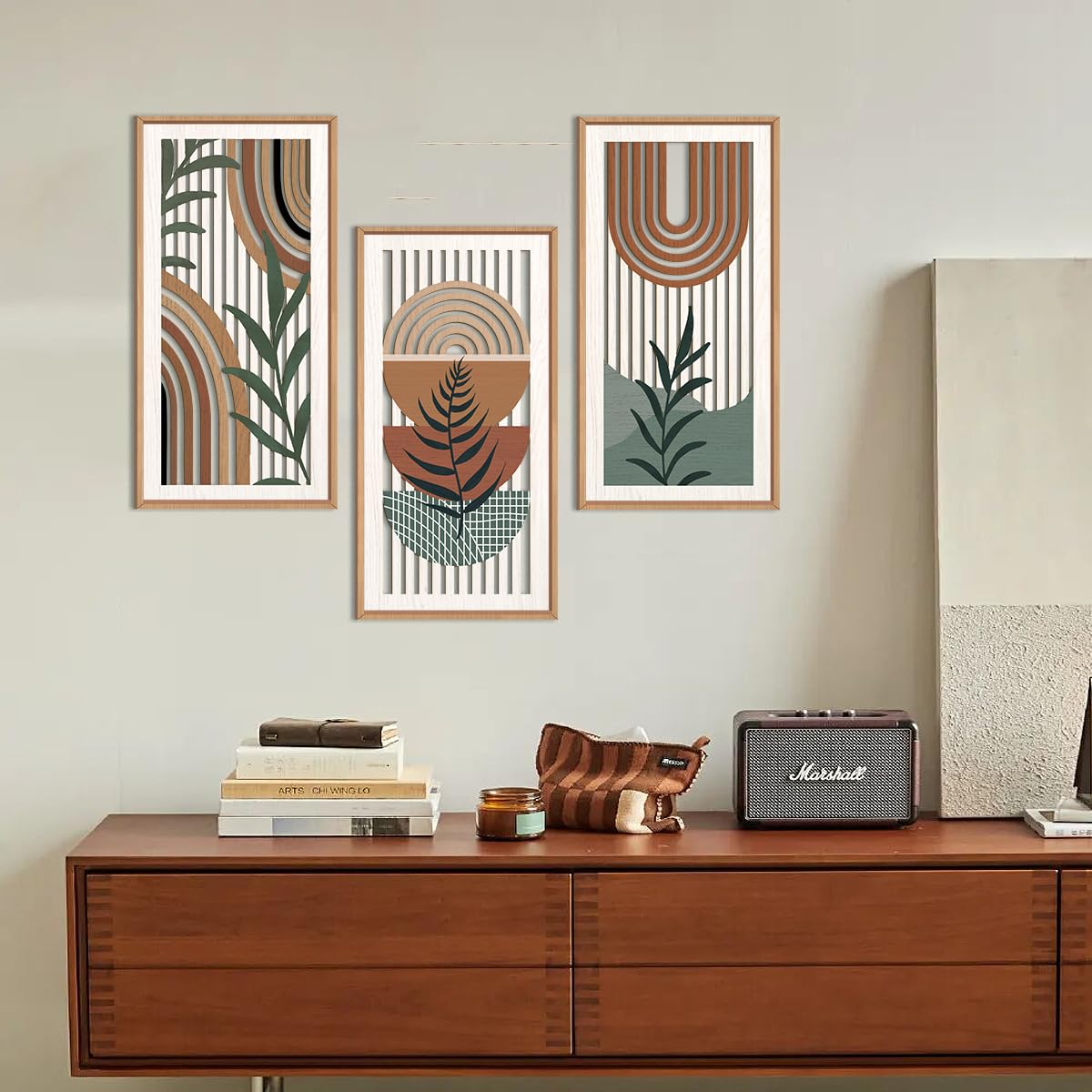IARTTOP Large Boho Mid-century Modern Wood Wall Art 16x32 Inch Framed Green Abstract Leaf Wooden Wall Decor Bohemian Minimalist Geometric Wall Art Decor for Bedroom Living Room Office Set of 3 Gronata