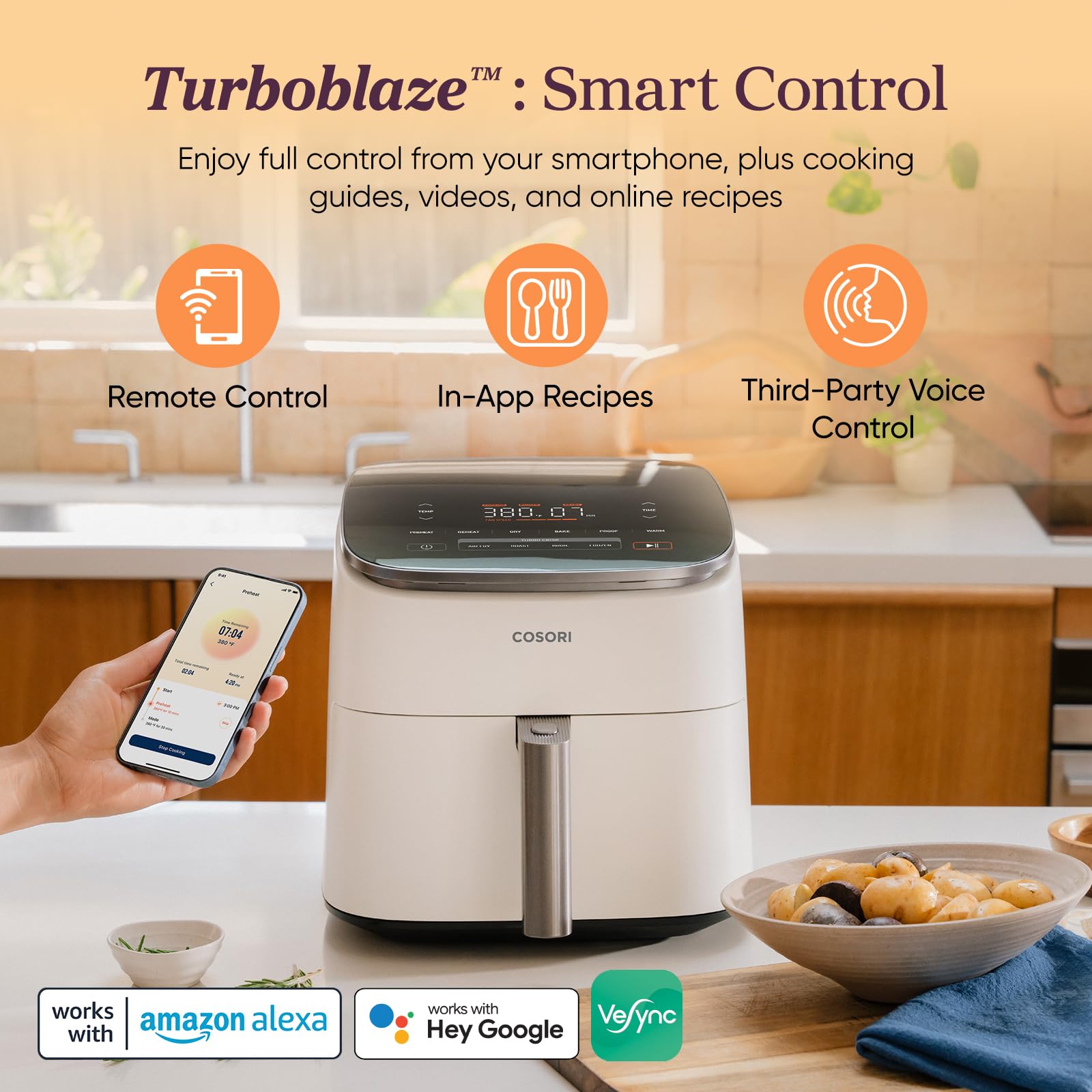 Cosori 9-in-1 TurboBlaze Air Fryer 6 Qt, PFAS-Free Ceramic Coating, 90°–450°F, Precise Heating for Even Results, Air Fry, Roast, Bake, Broil, Dry, Frozen, Proof, Reheat, Keep Warm, 120V, Dark Gray Gronata
