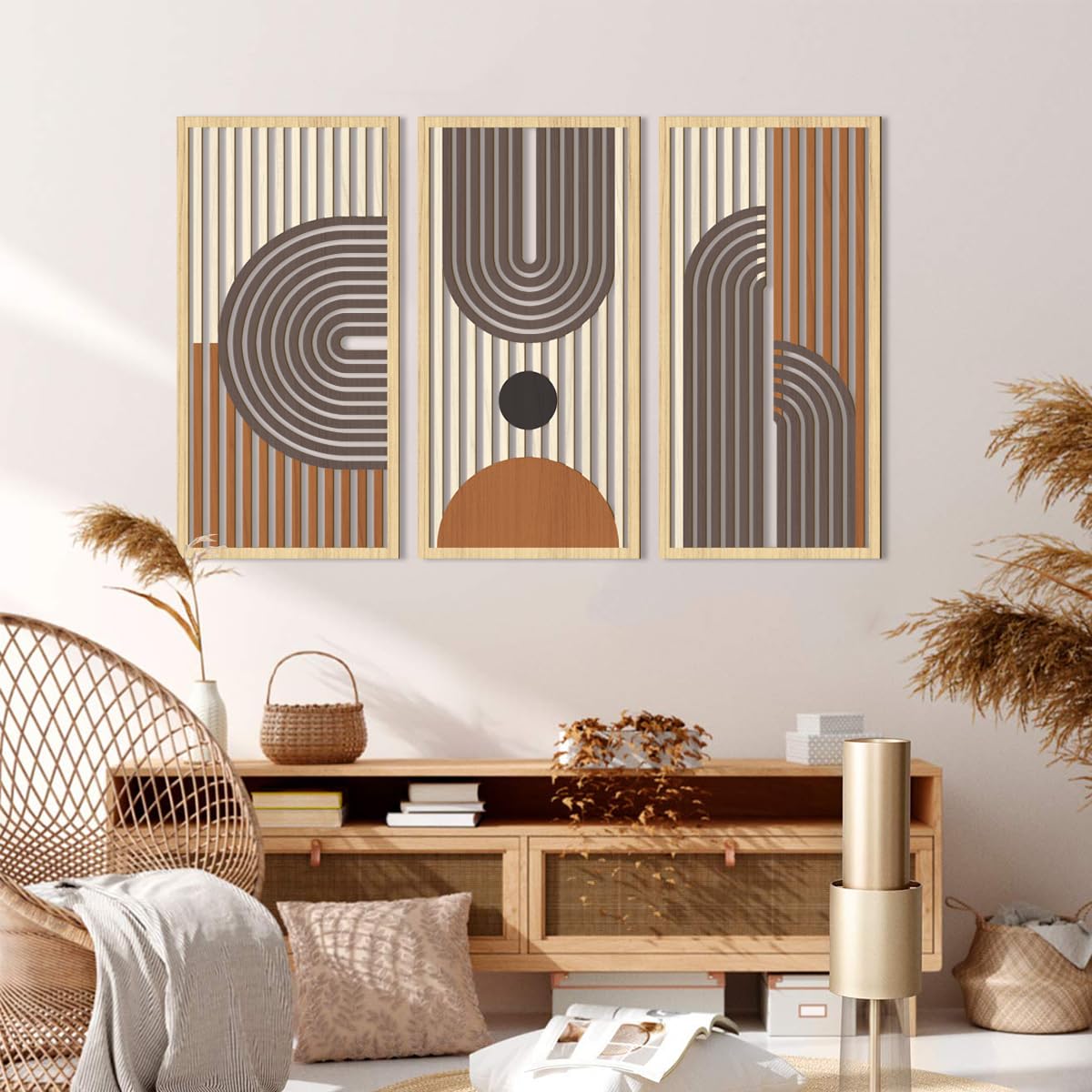 IARTTOP Large Boho Mid-century Modern Wood Wall Art 16x32 Inch Framed Green Abstract Leaf Wooden Wall Decor Bohemian Minimalist Geometric Wall Art Decor for Bedroom Living Room Office Set of 3 Gronata
