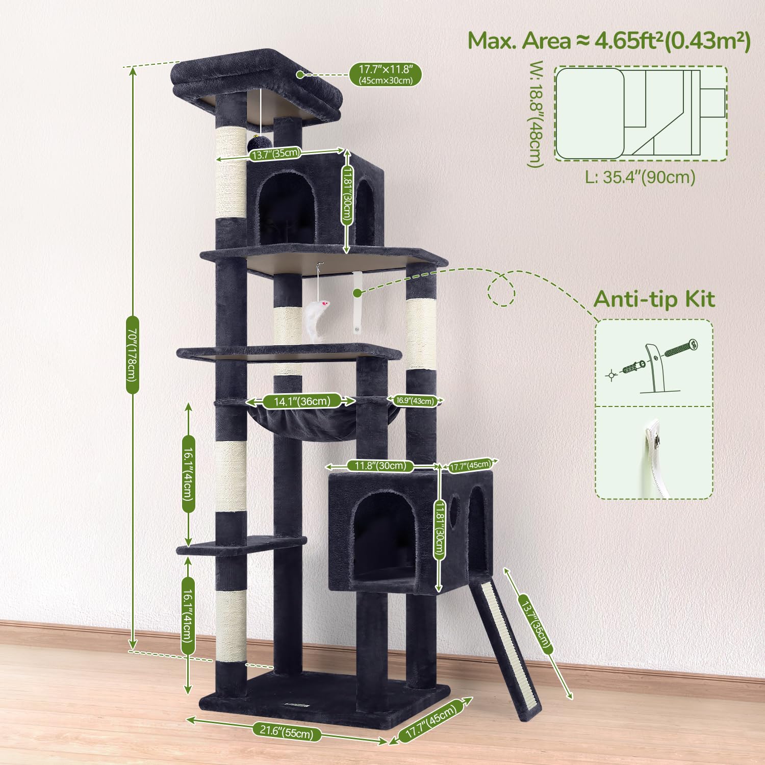 Globlazer Heavy Duty Cat Tree, 70 inch Sturdy Cat Tree for Indoor Cats Extra Large Cat Tower with Scratching Post, Hammock, Cat Condo for Adult Cats Kittens, F70 Pro, Light Grey Gronata