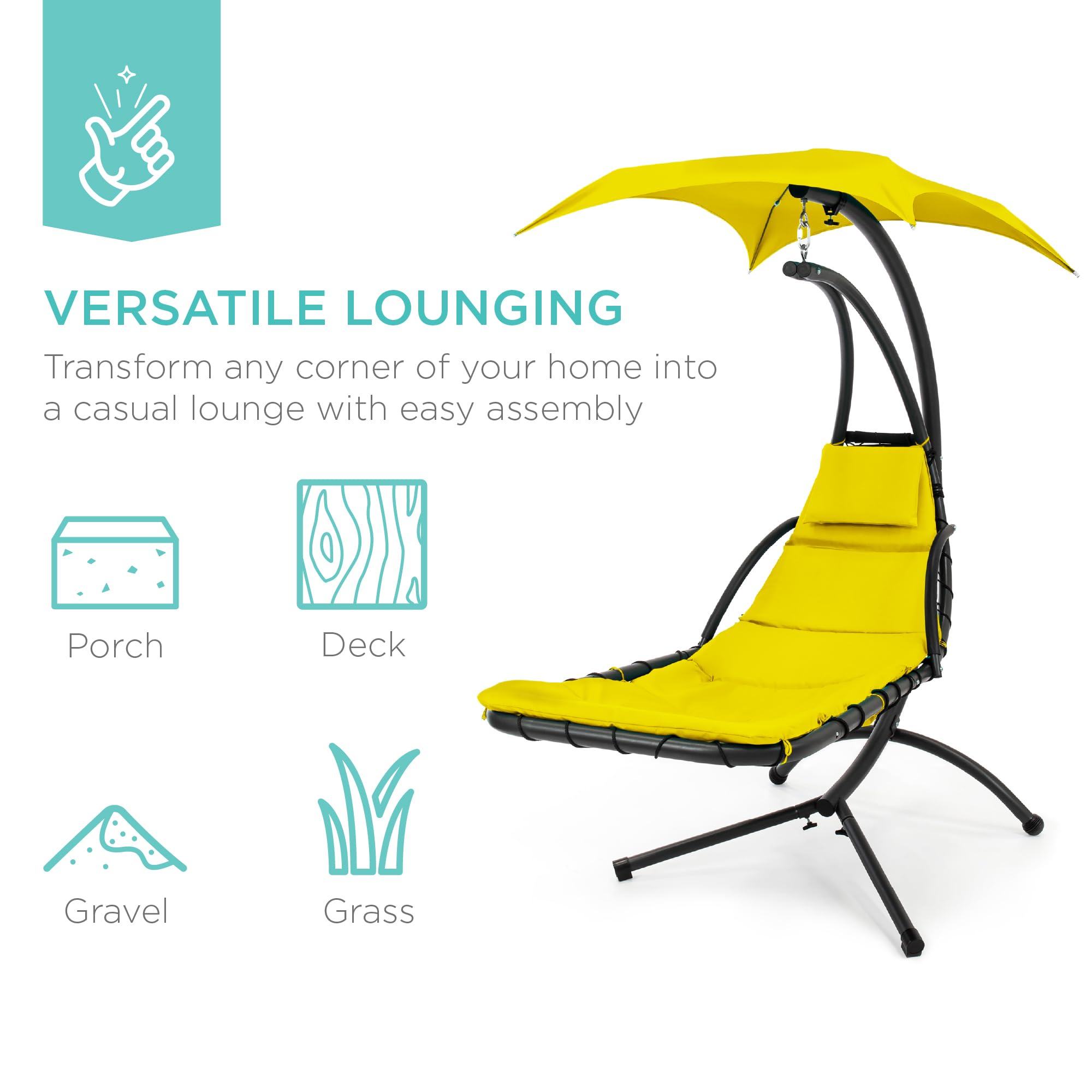 Best Choice Products Outdoor Hanging Curved Steel Chaise Lounge Chair Swing w/Built-in Pillow and Removable Canopy - Navy Blue Gronata