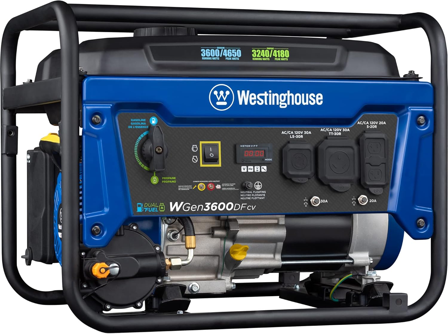 Westinghouse 4650 Peak Watt Dual Fuel Portable Generator, RV Ready 30A Outlet, Gas & Propane Powered, CO Sensor Gronata