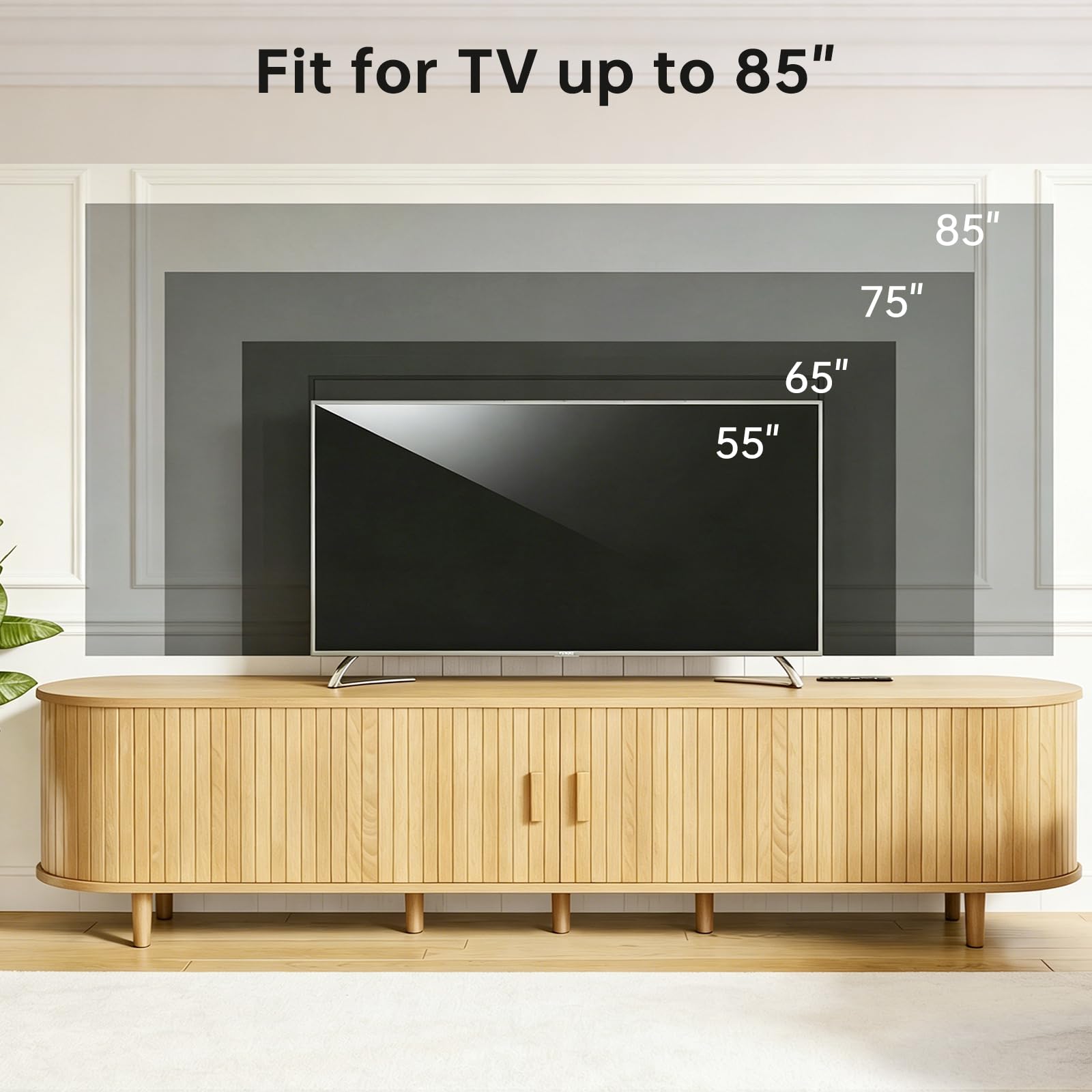 OneBlis 70" Mid Century Modern TV Stand, Wood TV Consoles with Sliding Doors and Power Outlet, Entertainment Center with Adjustable Shelves, Fluted TV Stands for Living Room, Walnut Gronata