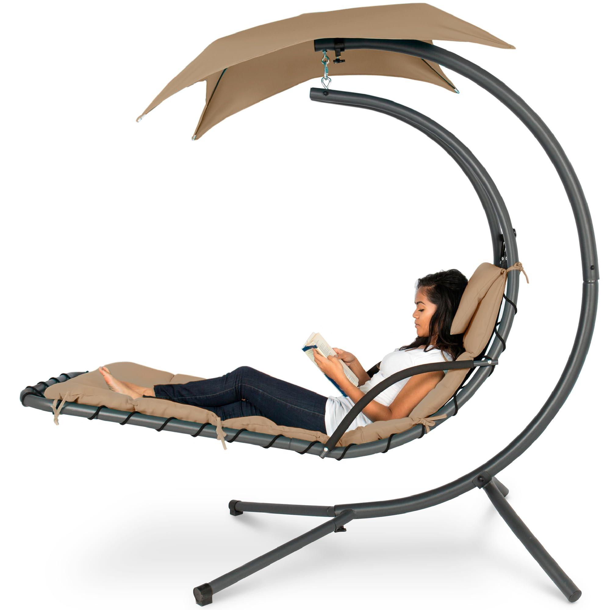 Best Choice Products Outdoor Hanging Curved Steel Chaise Lounge Chair Swing w/Built-in Pillow and Removable Canopy - Navy Blue Gronata