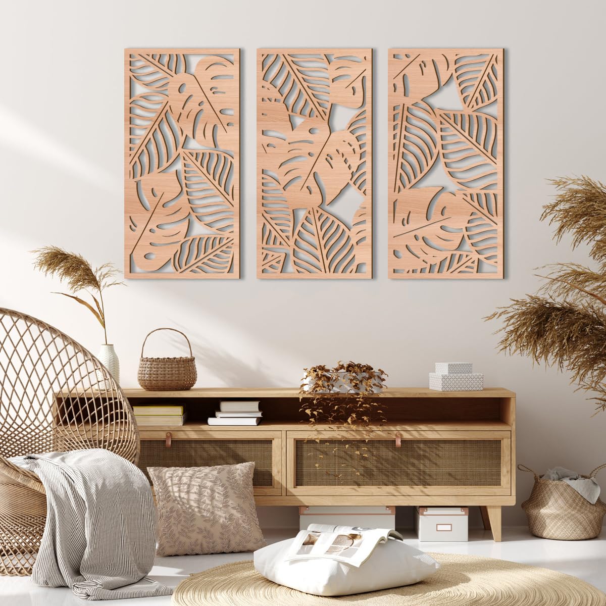 IARTTOP Large Boho Mid-century Modern Wood Wall Art 16x32 Inch Framed Green Abstract Leaf Wooden Wall Decor Bohemian Minimalist Geometric Wall Art Decor for Bedroom Living Room Office Set of 3 Gronata