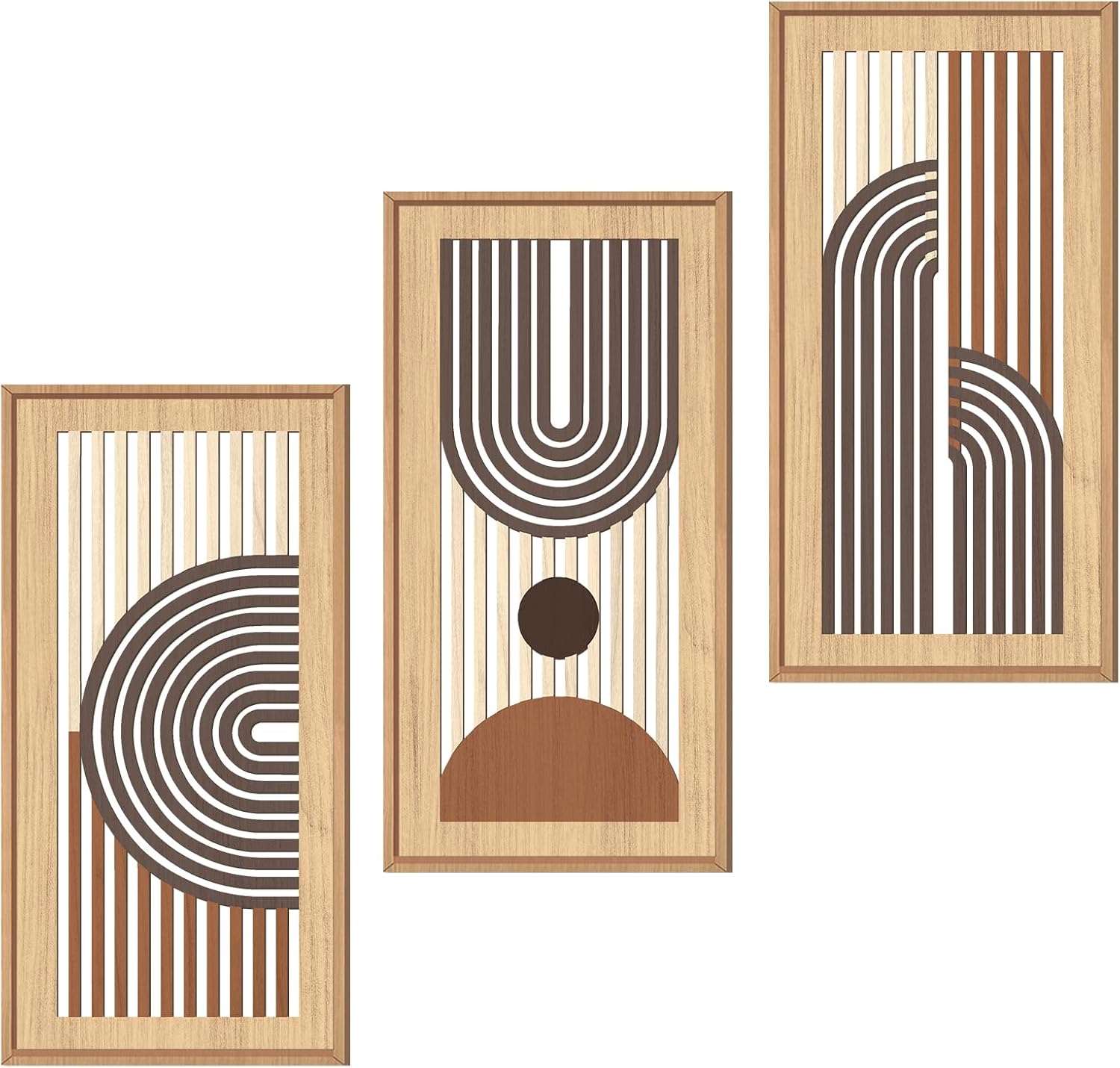 IARTTOP Large Boho Mid-century Modern Wood Wall Art 16x32 Inch Framed Green Abstract Leaf Wooden Wall Decor Bohemian Minimalist Geometric Wall Art Decor for Bedroom Living Room Office Set of 3 Gronata