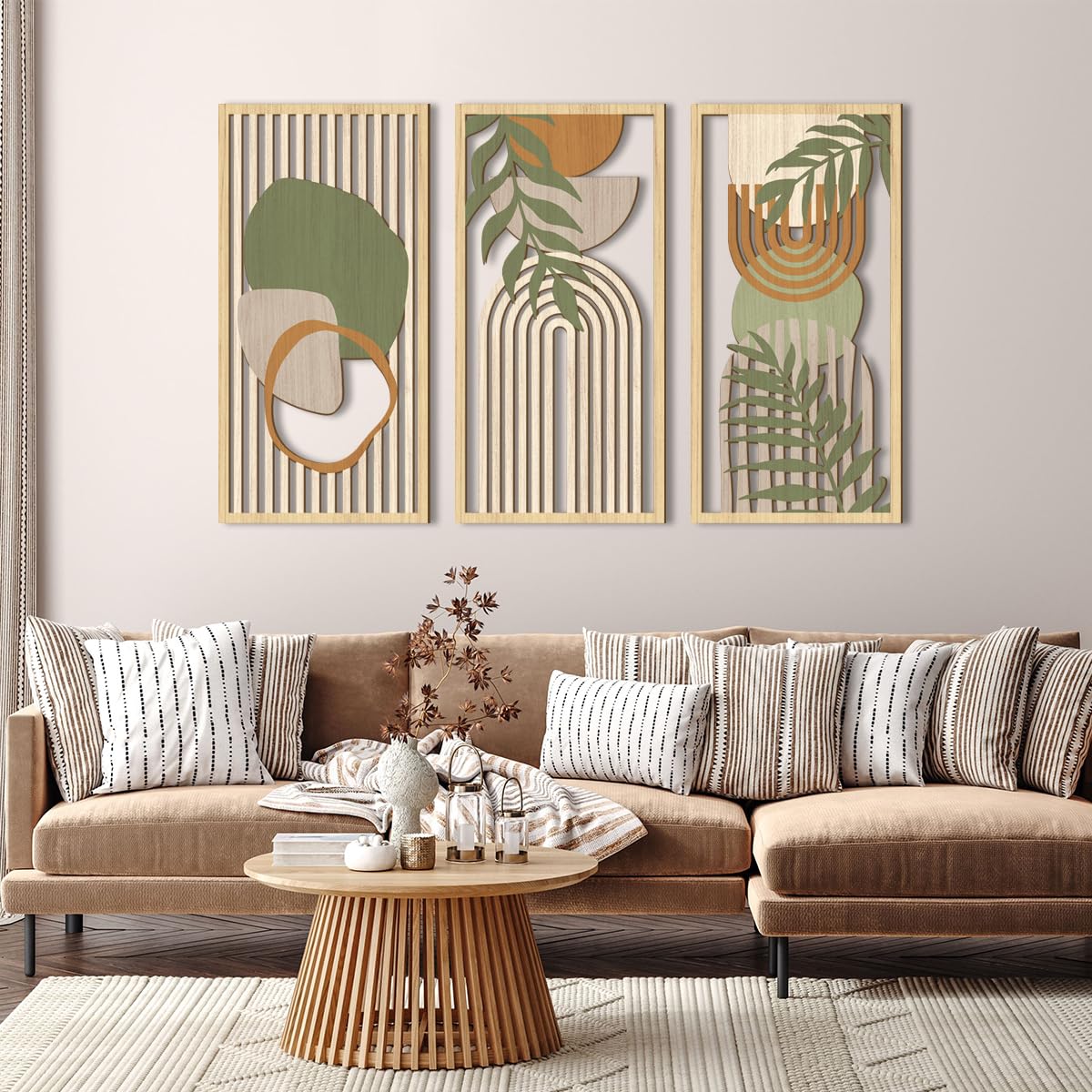 IARTTOP Large Boho Mid-century Modern Wood Wall Art 16x32 Inch Framed Green Abstract Leaf Wooden Wall Decor Bohemian Minimalist Geometric Wall Art Decor for Bedroom Living Room Office Set of 3 Gronata